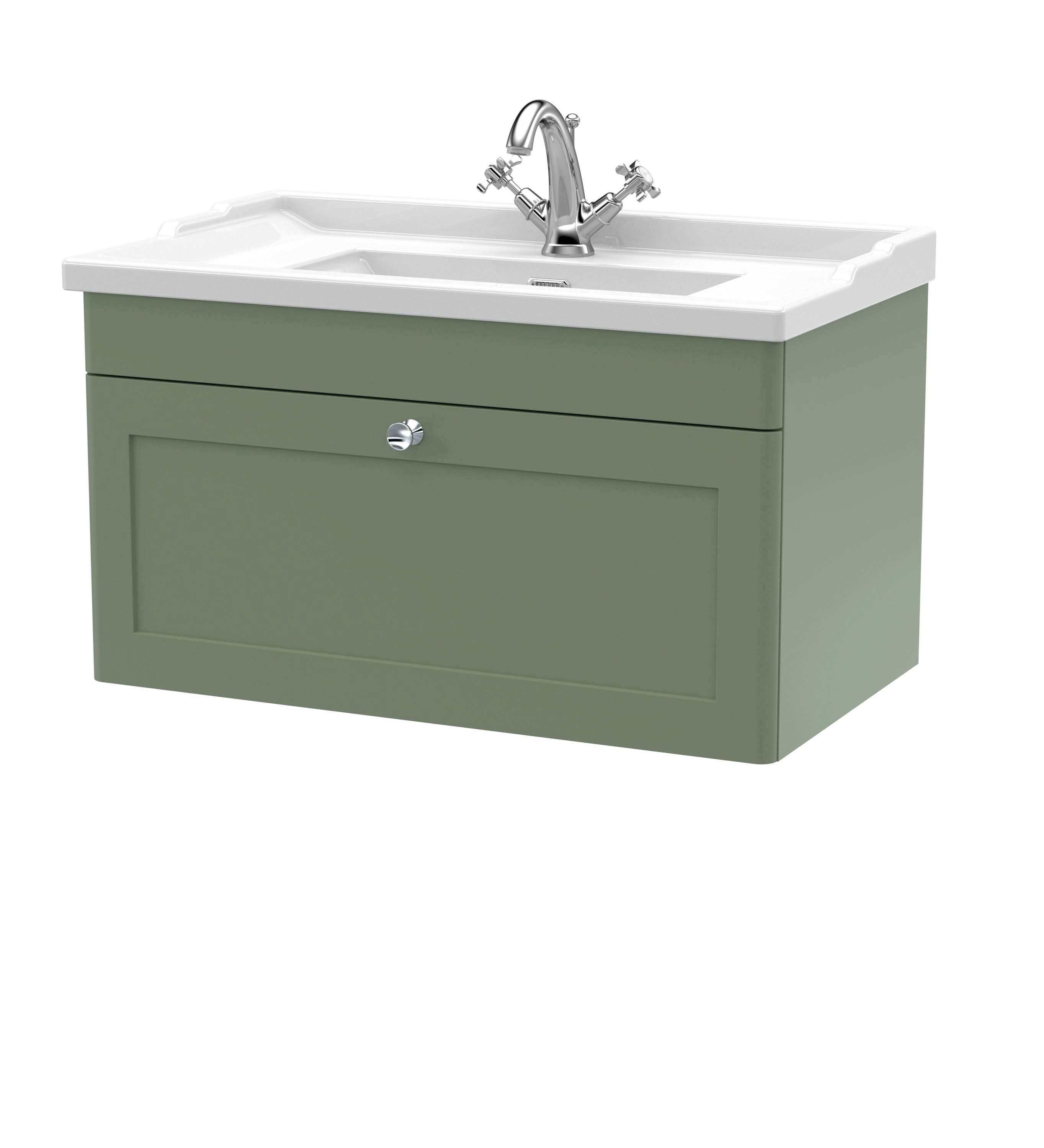 Nuie Classique Wall Hung 1 Drawer Vanity Unit & 1 Tap Hole Fireclay Basin, Stylish Sink Vanity Unit in Satin Green with White Basin, 800mm