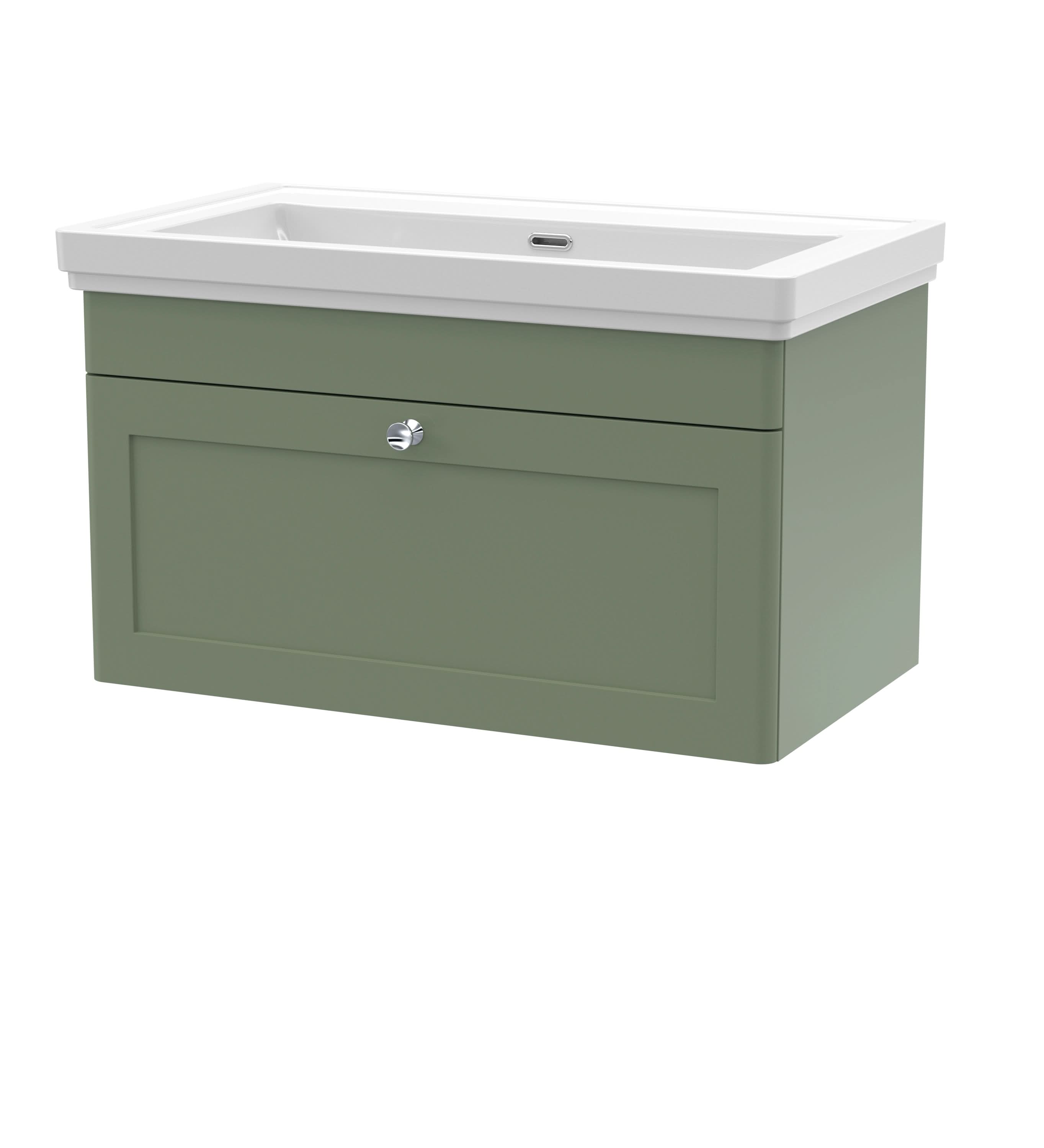 Nuie Classique Wall Hung 1 Drawer Vanity Unit without Tap Hole Fireclay Basin, Stylish Sink Vanity Unit in Satin Green with White Basin, 800mm