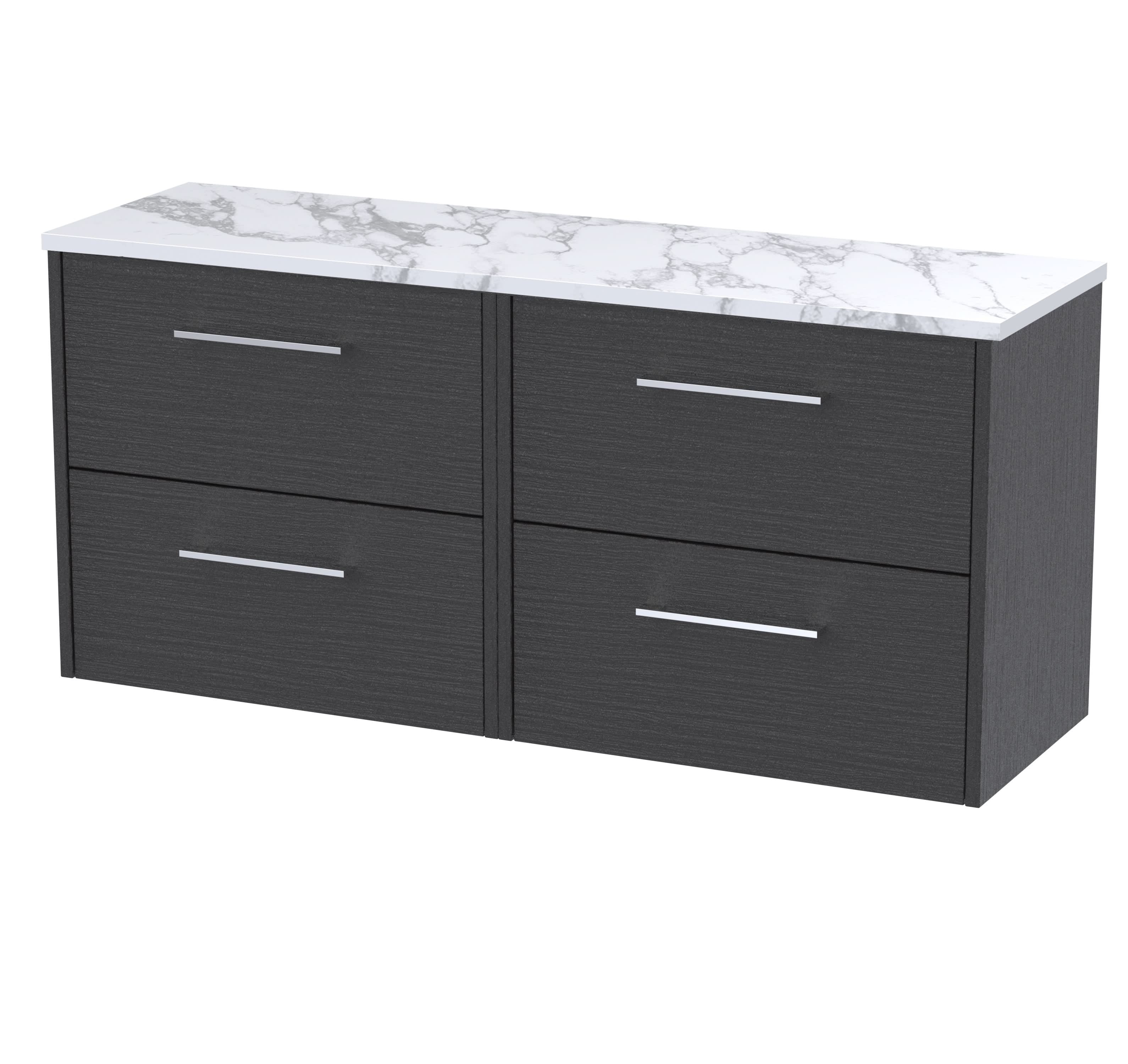 Hudson Reed Juno Wall Hung 4-Drawer Vanity & Carrera Marble Worktop, Countertop Basin Unit in Graphite Grey Woodgrain, 1200mm
