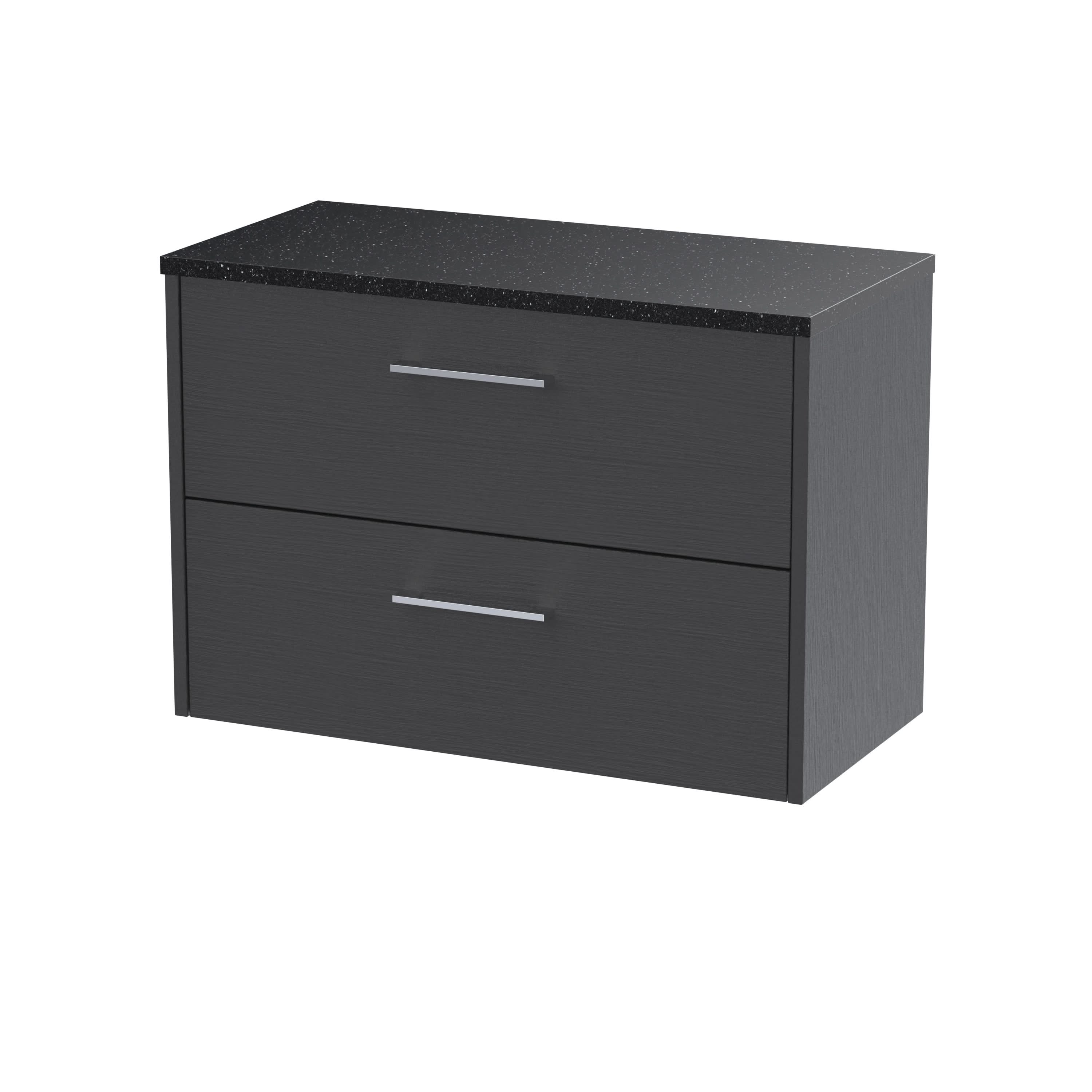 Hudson Reed Juno Wall Hung 2-Drawer Vanity Unit & Black Worktop, Sleek Countertop Basin Unit in Graphite Grey Woodgrain, 800mm