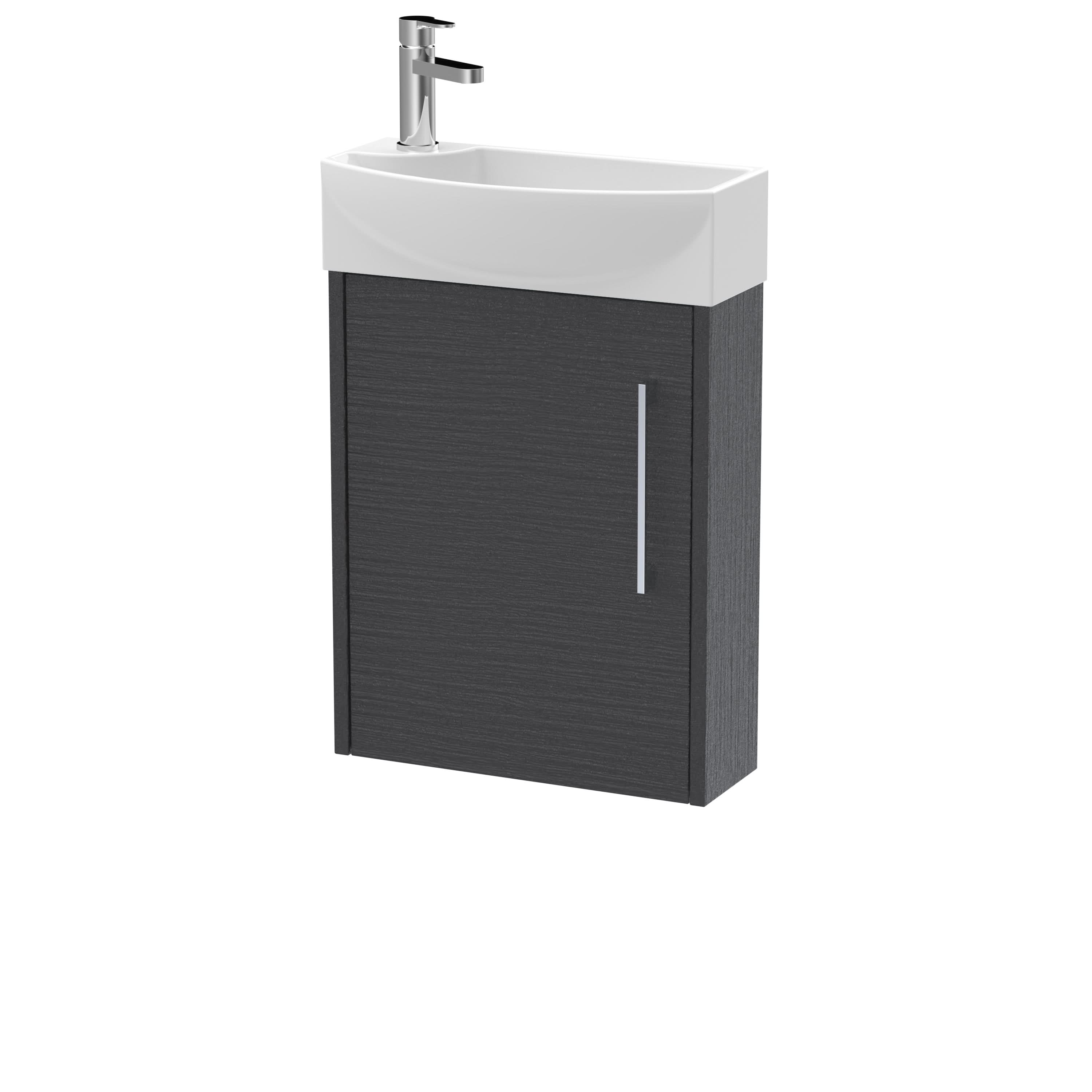 Hudson Reed Juno Compact Wall Hung Single Door Unit and 1 Tap Hole Basin, Right Hand Cloakroom Sink Vanity Unit, Graphite Grey Woodgrain, 440mm