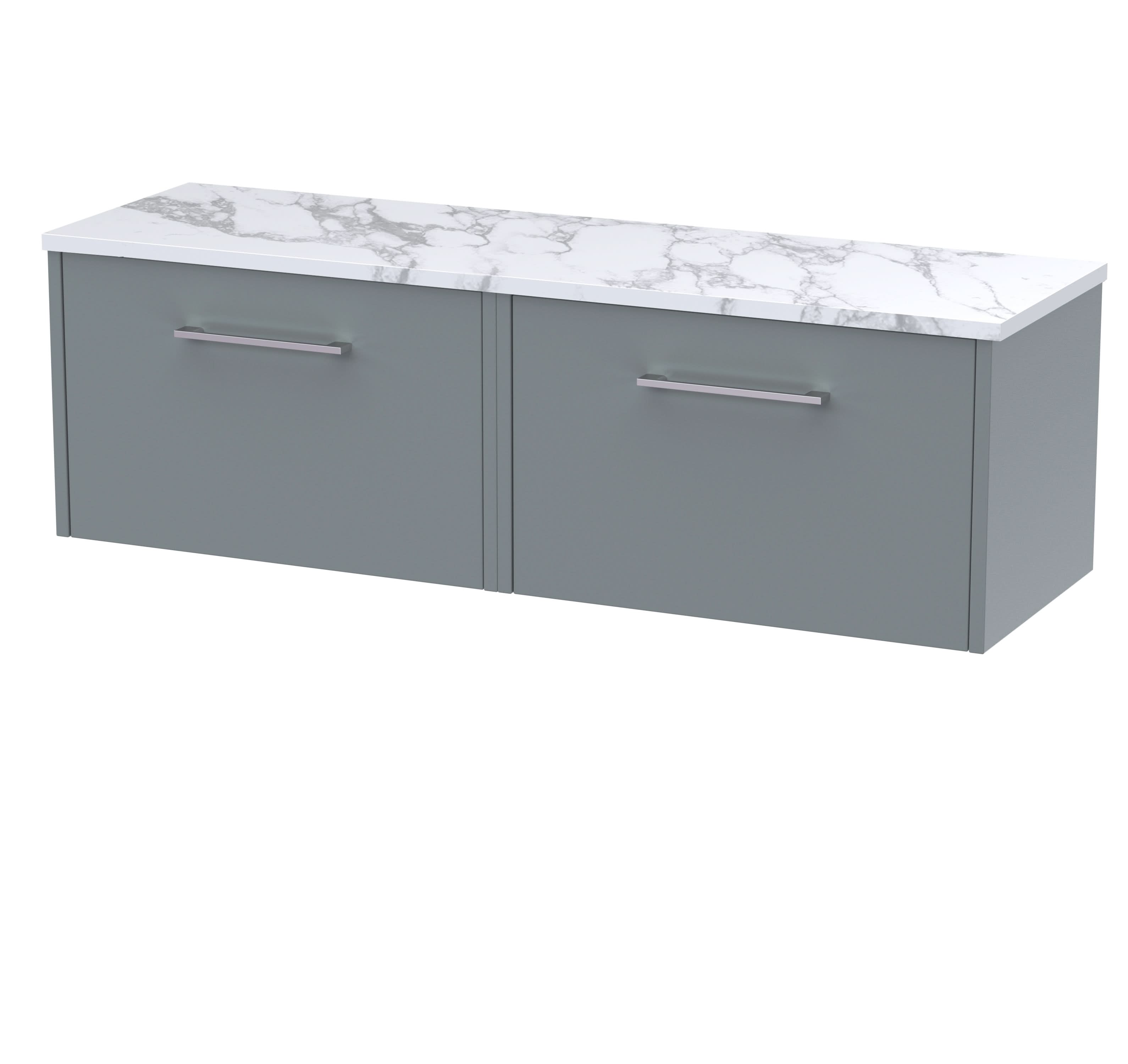 Hudson Reed Juno Wall Hung 2-Drawer Vanity Unit & Carrera Marble Worktop, Stylish Countertop Basin Unit in Coastal Grey, 1200mm