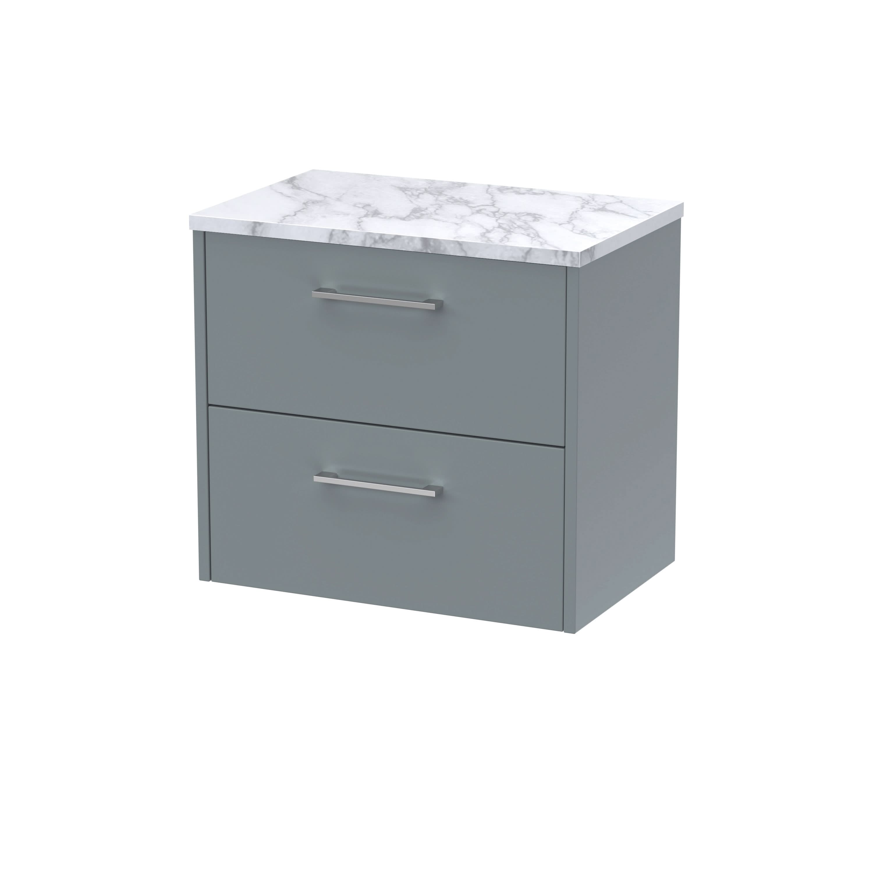 Hudson Reed Juno Wall Hung 2-Drawer Vanity Unit & Carrera Marble Worktop, Countertop Basin Unit in Coastal Grey, 600mm