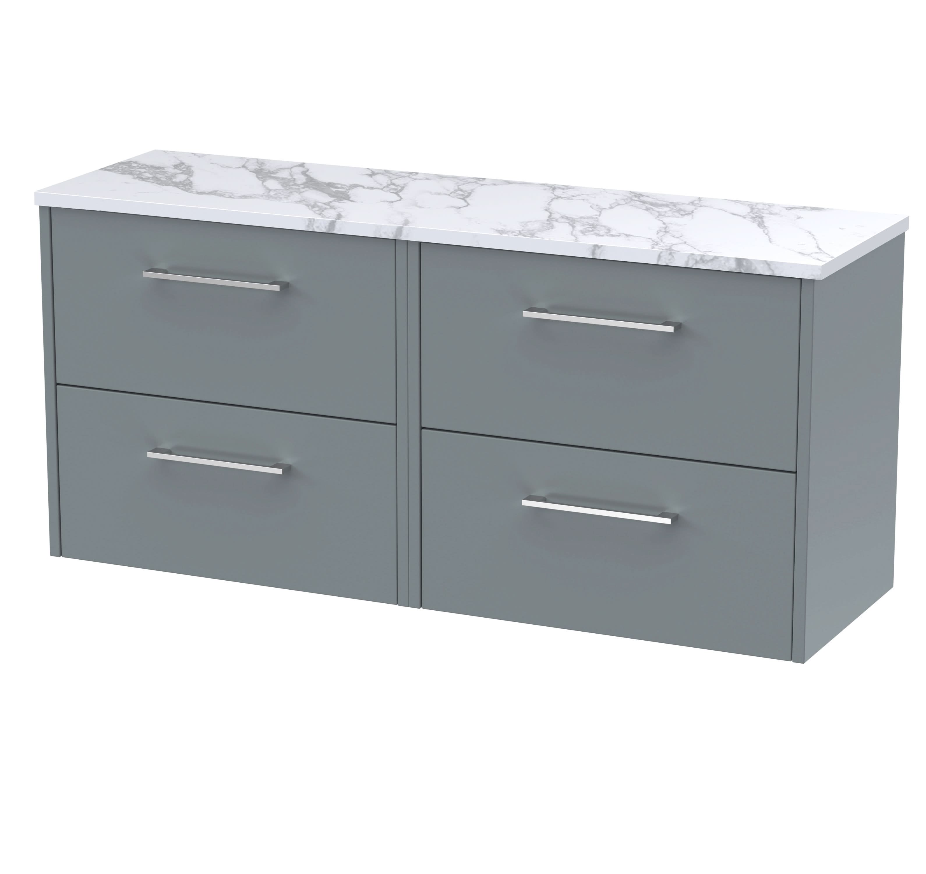 Hudson Reed Juno Wall Hung 4-Drawer Vanity Unit & Carrera Marble Worktop, Countertop Basin Unit in Coastal Grey, 1200mm