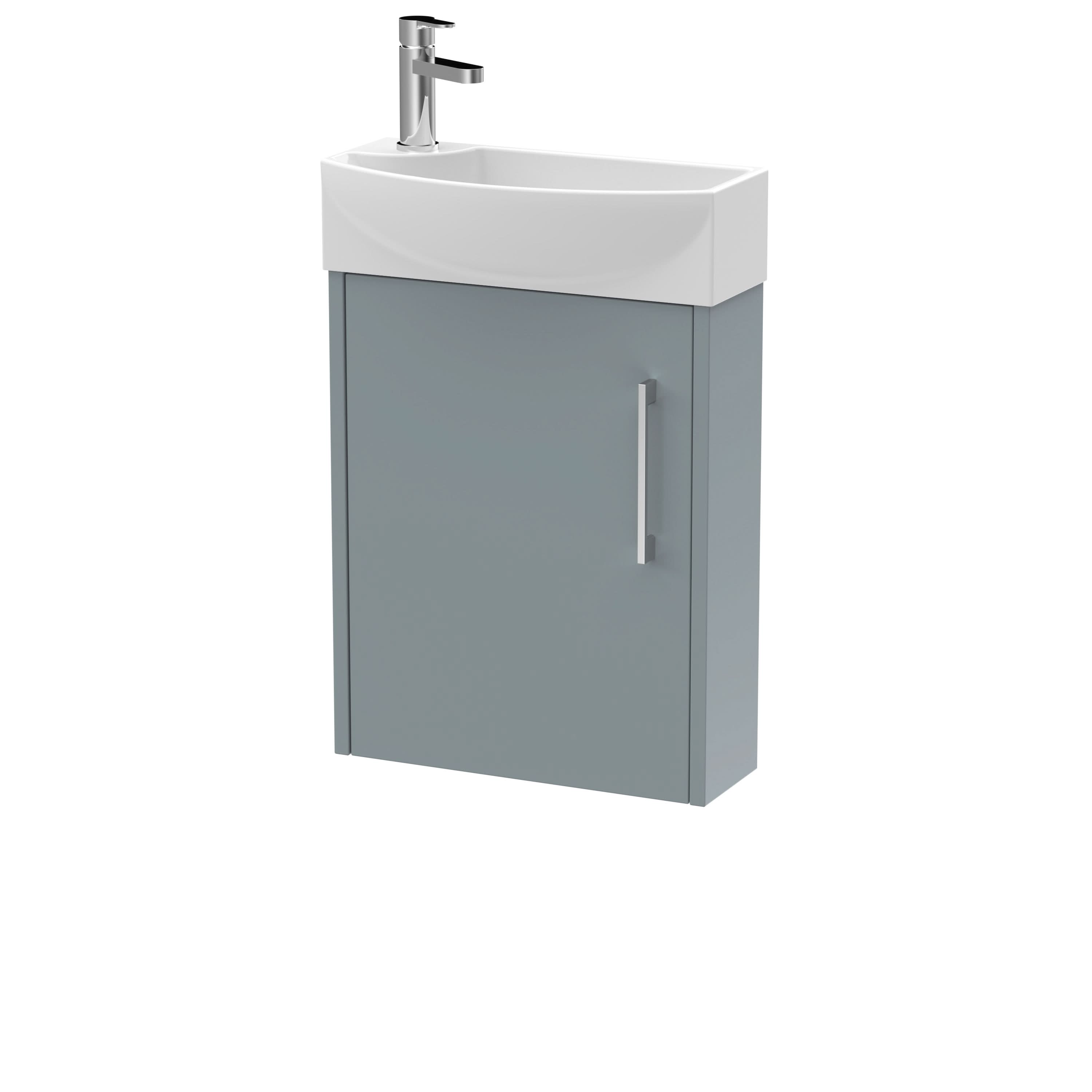 Hudson Reed Juno Compact Wall Hung Single Door Unit and 1 Tap Hole Basin, Right Hand Cloakroom Sink Vanity Unit, Coastal Grey, 440mm
