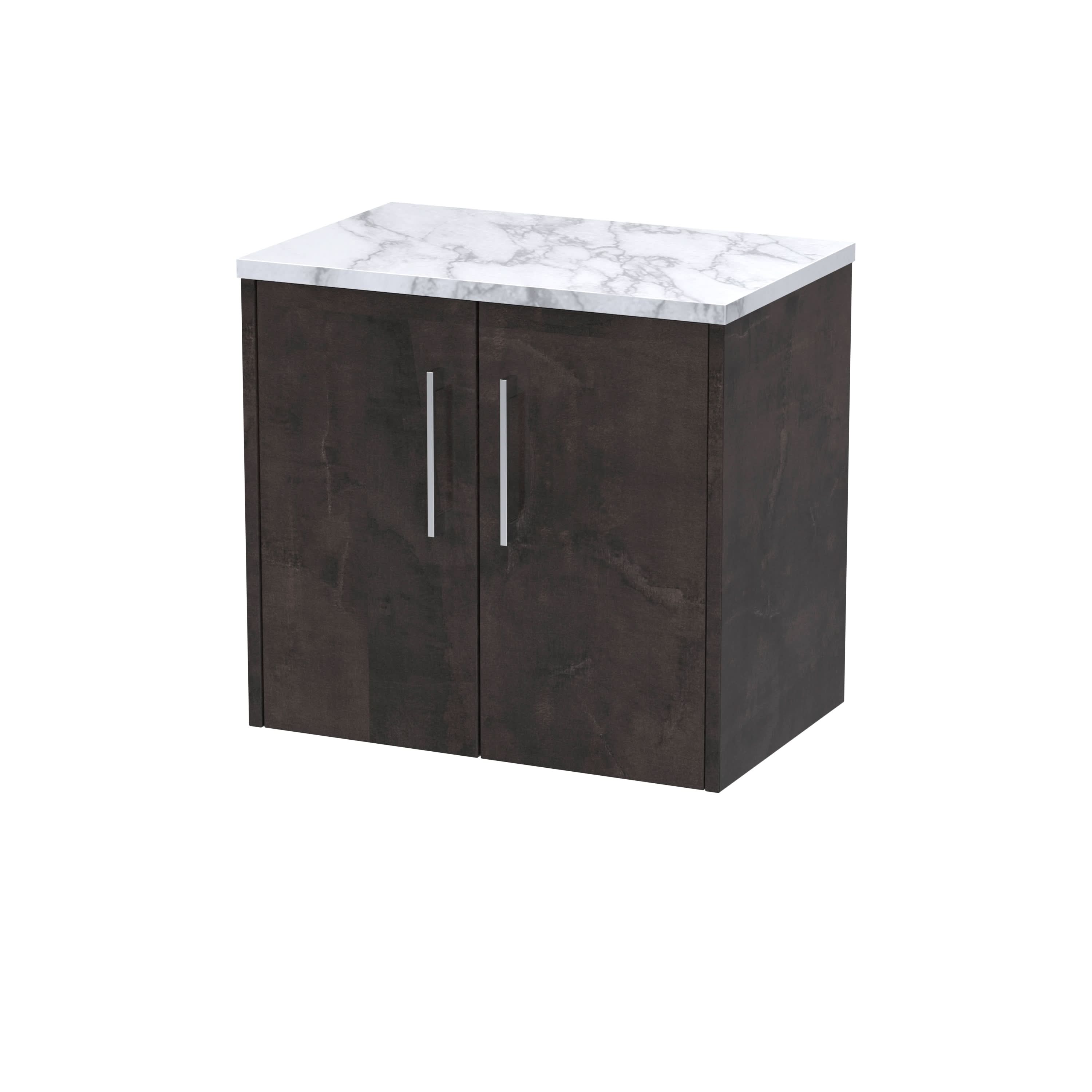 Hudson Reed Juno Wall Hung 2-Door Vanity Unit & Carrera Marble Worktop, Countertop Basin Unit in Metallic Slate, 600mm