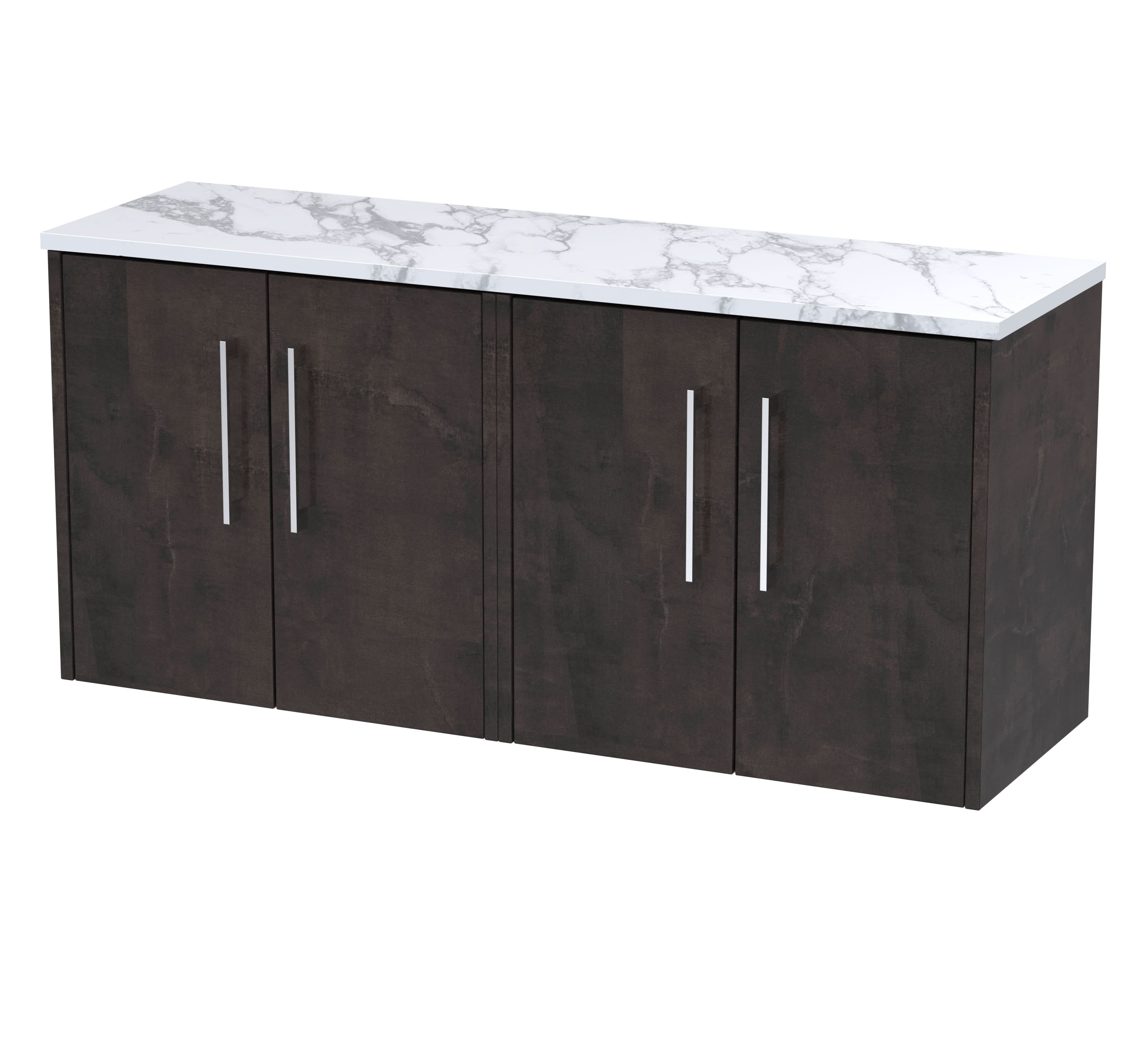 Hudson Reed Juno Wall Hung 4-Door Vanity Unit & Carrera Marble Worktop, Countertop Basin Unit in Metallic Slate, 1200mm