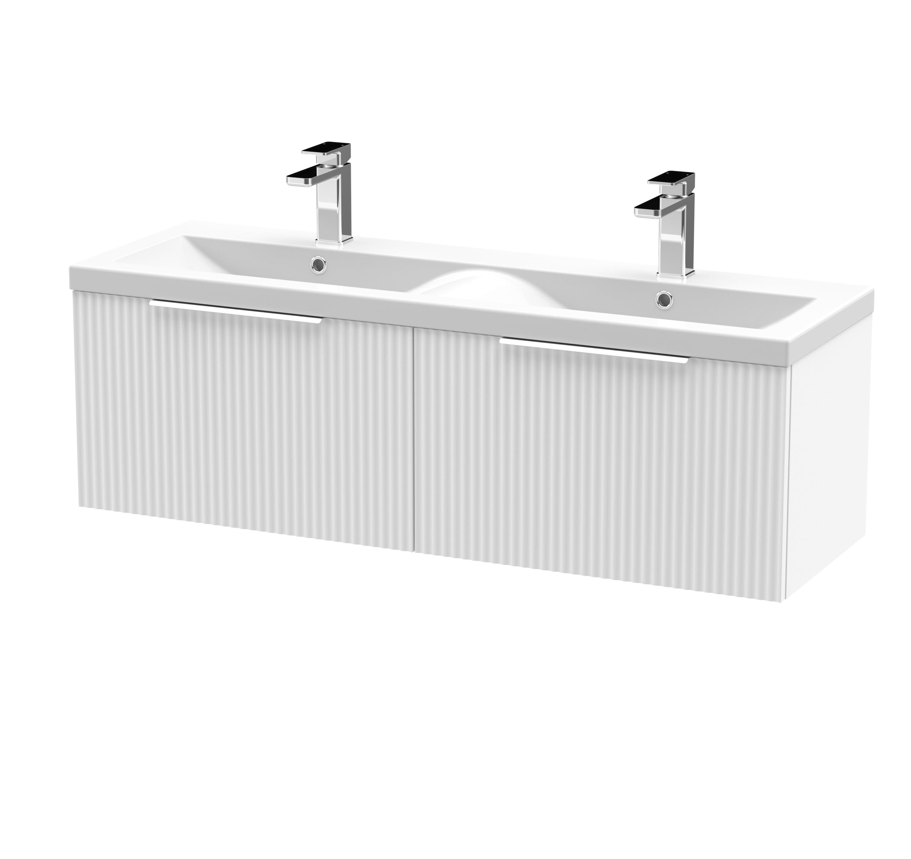 Hudson Reed Fluted Wall Hung 2-Drawer Vanity and Double Ceramic Basin, Modern Sink Vanity Unit, Satin White, 1200mm