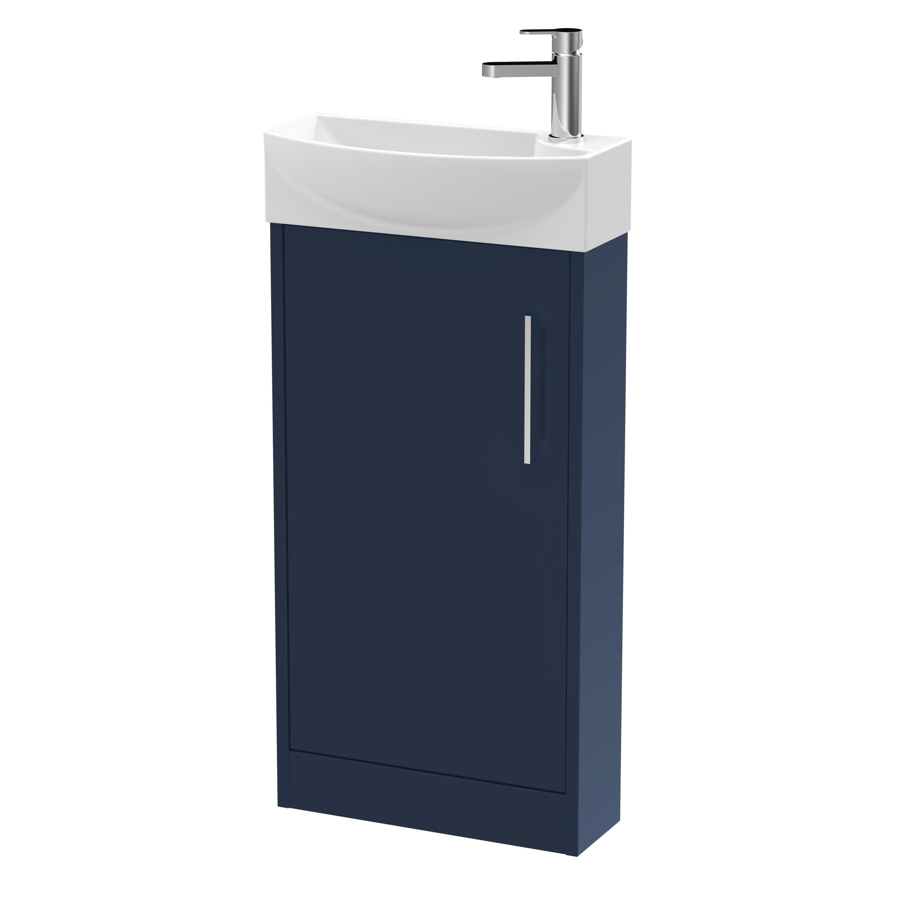 Hudson Reed Juno Compact Floor Standing Vanity Unit with White Left-Hand Basin, Small Bathroom Vanity Unit with Basin & Storage, Sink Unit in Midnight Blue, 440mm