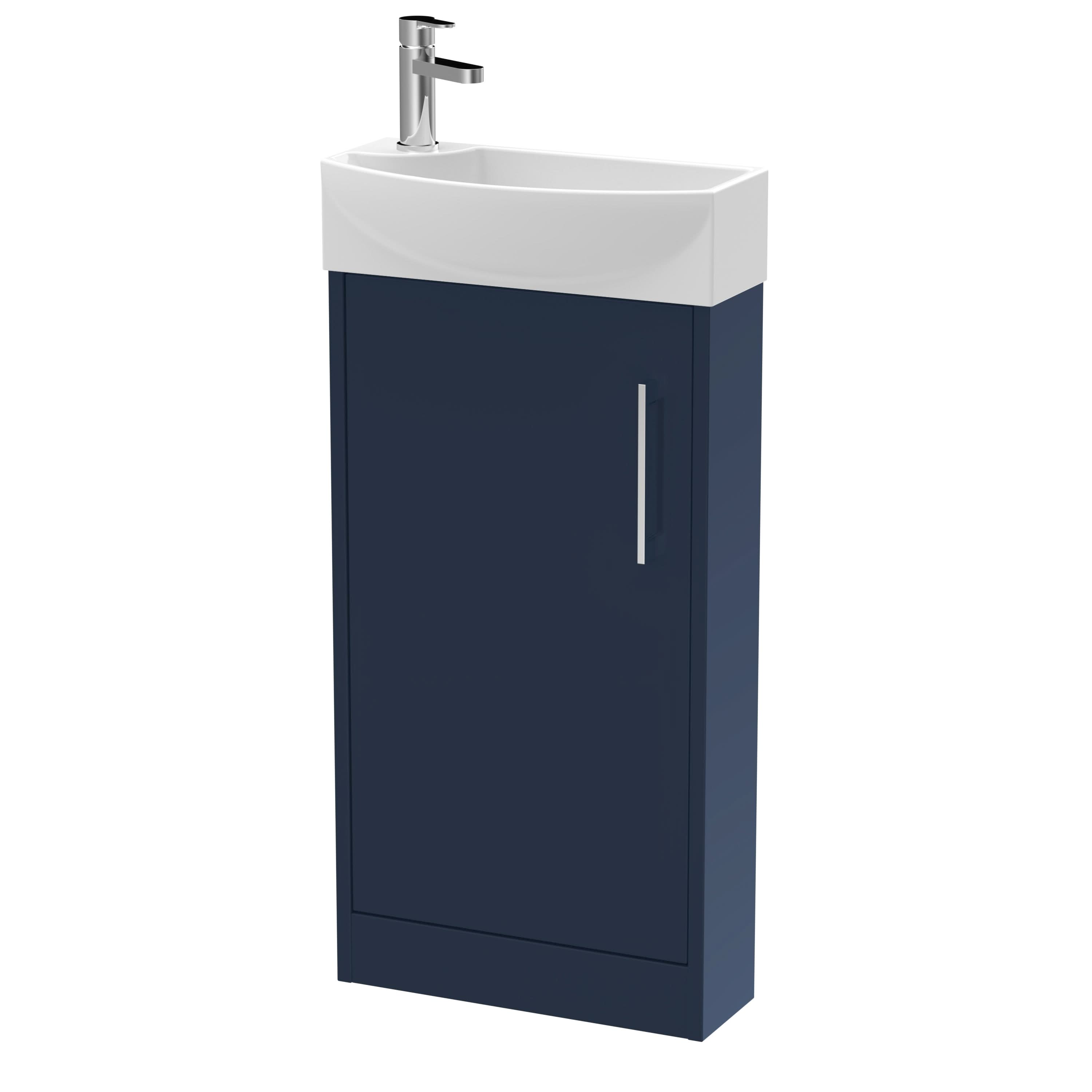 Hudson Reed Juno Compact Floor Standing Vanity Unit with Right Hand White Basin, Slimline Sink Vanity Unit with Soft Close Door for Bathroom in Midnight Blue, 440mm