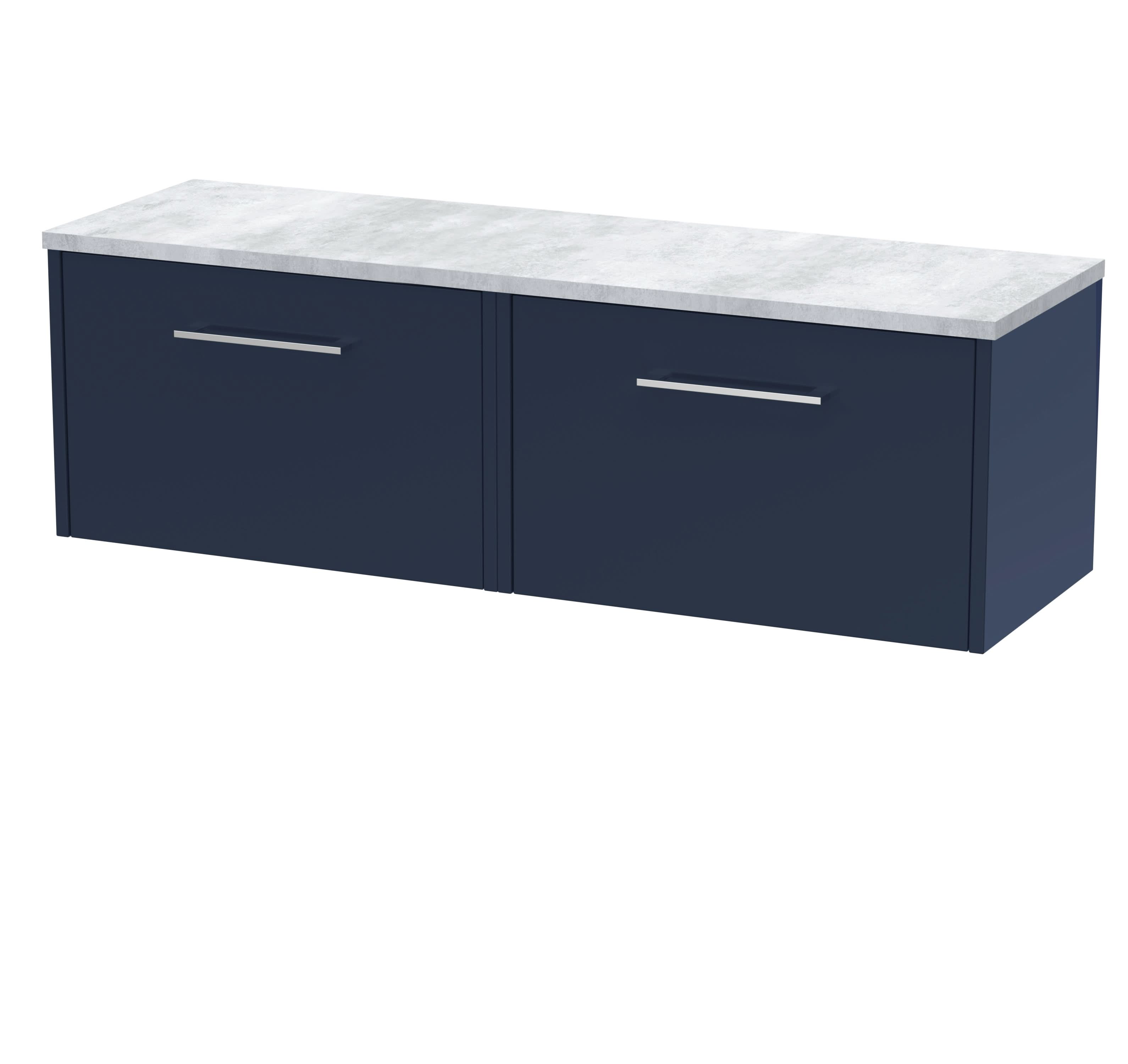 Hudson Reed Juno Wall Hung Counter Top Vanity Unit with 2 Soft Close Drawers and White Marble Laminate Worktop in Luxury Midnight Blue Modern Matt Finish, 1200mm