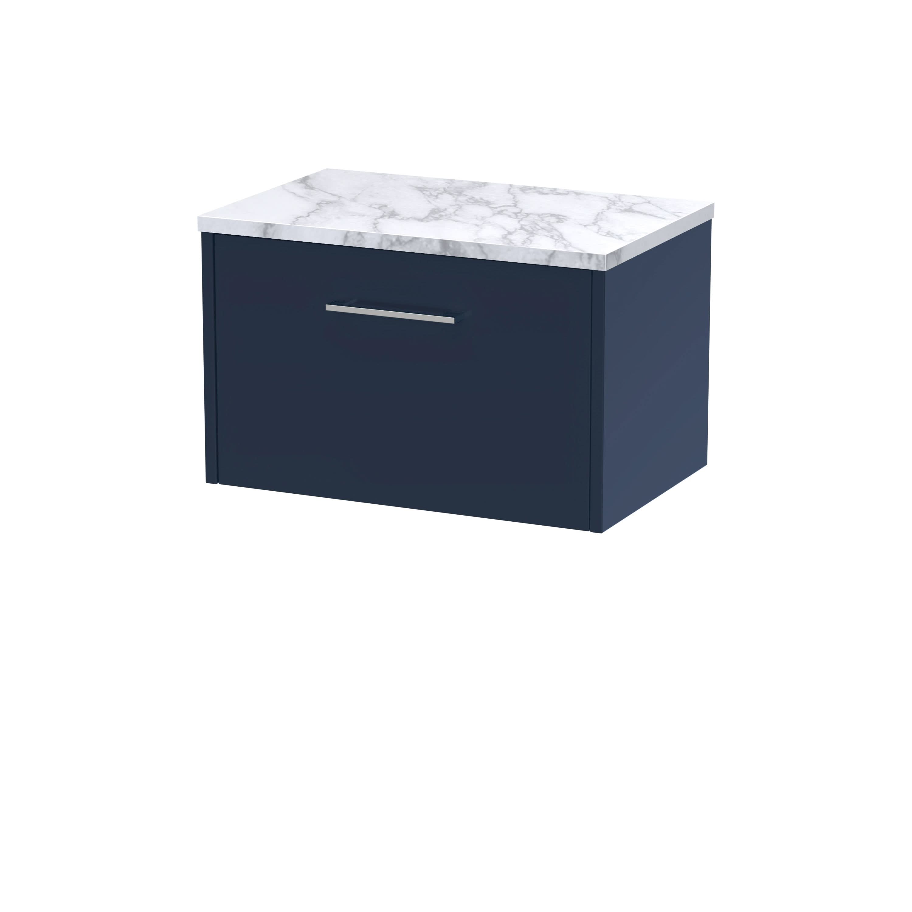 Hudson Reed Juno Wall Hung Counter Top Vanity Unit with Soft Close Drawer and White Marble Laminate Worktop in Modern Luxury Design Midnight Blue Matt Finish, 600mm