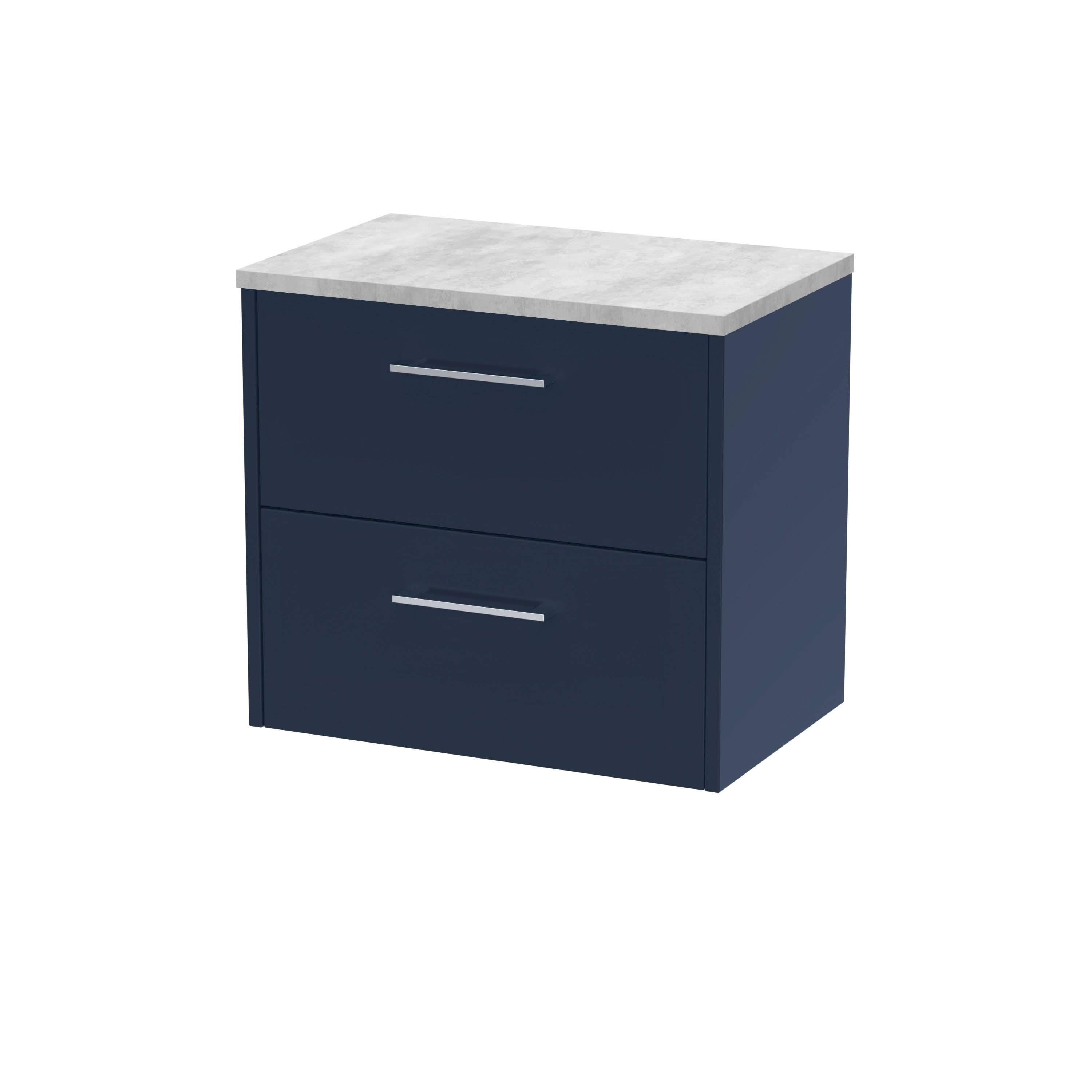 Hudson Reed Juno Wall Hung Countertop Unit with 2 Soft Close Drawers, Vanity Unit with Durable Laminate White Worktop in D Shape Handles with Midnight Blue Finish, 600mm