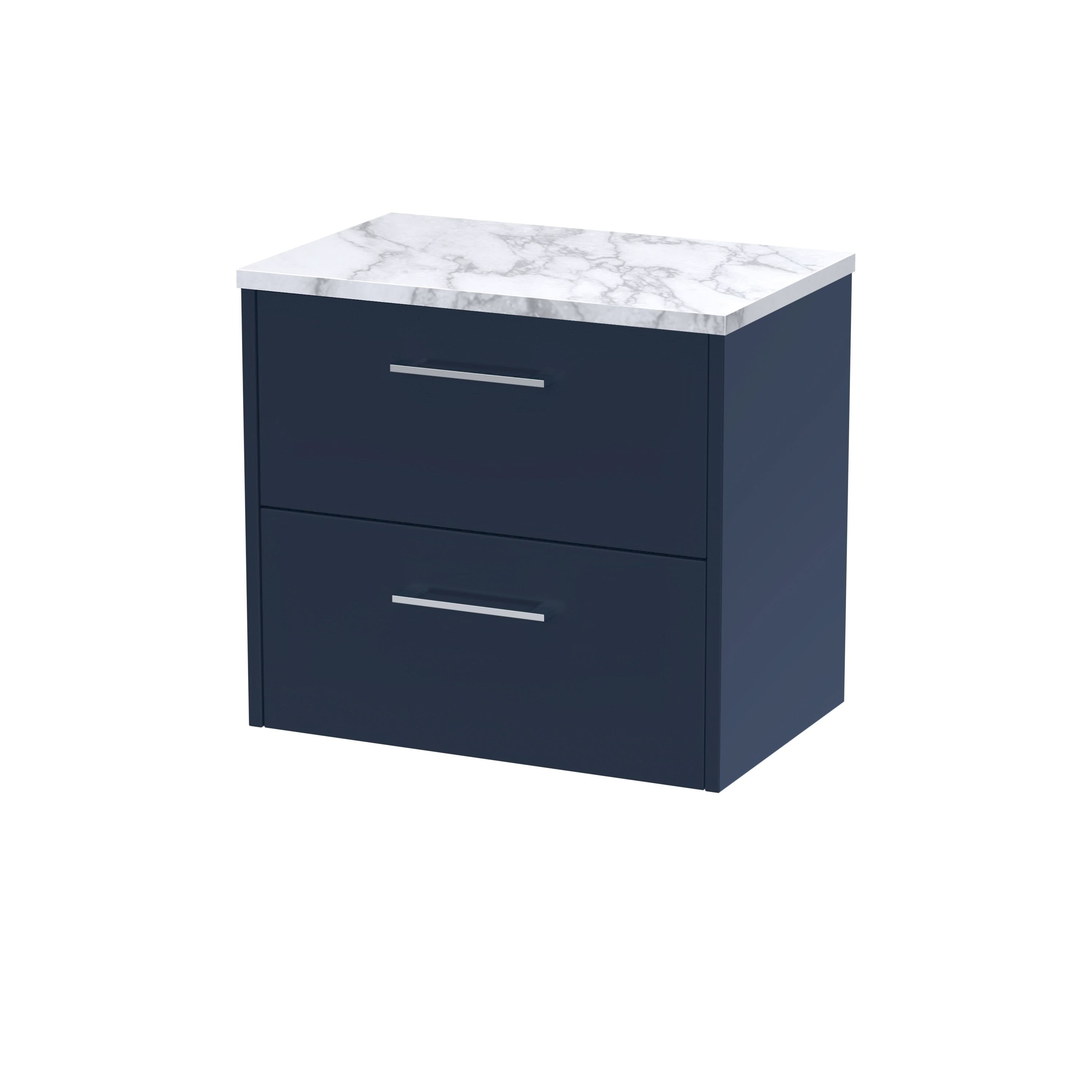 Hudson Reed Juno Wall Hung Counter Top Vanity Unit, 2 Soft Close Drawers with D Shape Handles and White Laminate Worktop, for Modern Bathrooms in Midnight Blue, 600mm