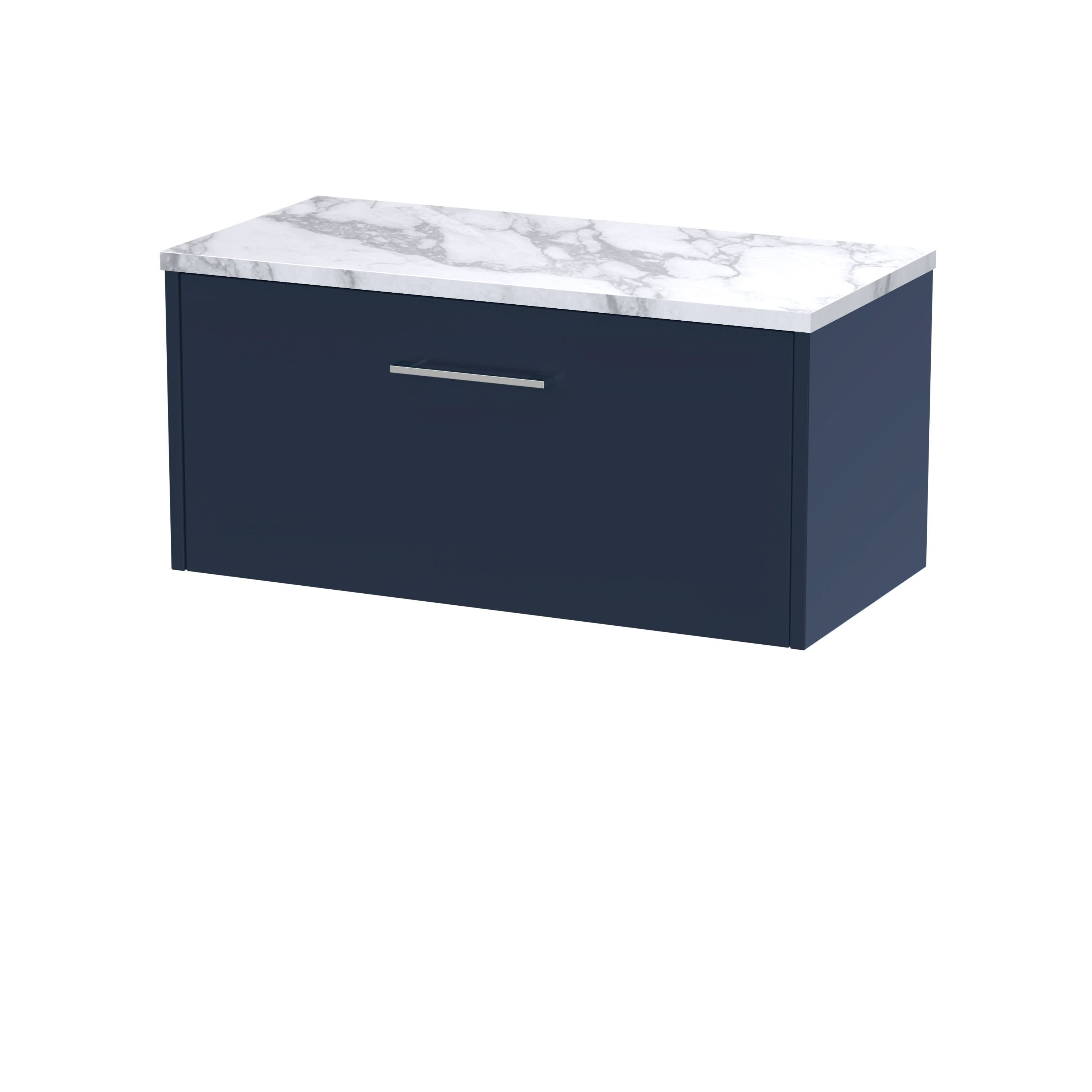 Hudson Reed Juno Wall Hung Countertop Vanity Unit with White Laminate Worktop, Soft Close Drawer with D Shape Handles, Modern Bathroom Furniture in Midnight Blue, 800mm