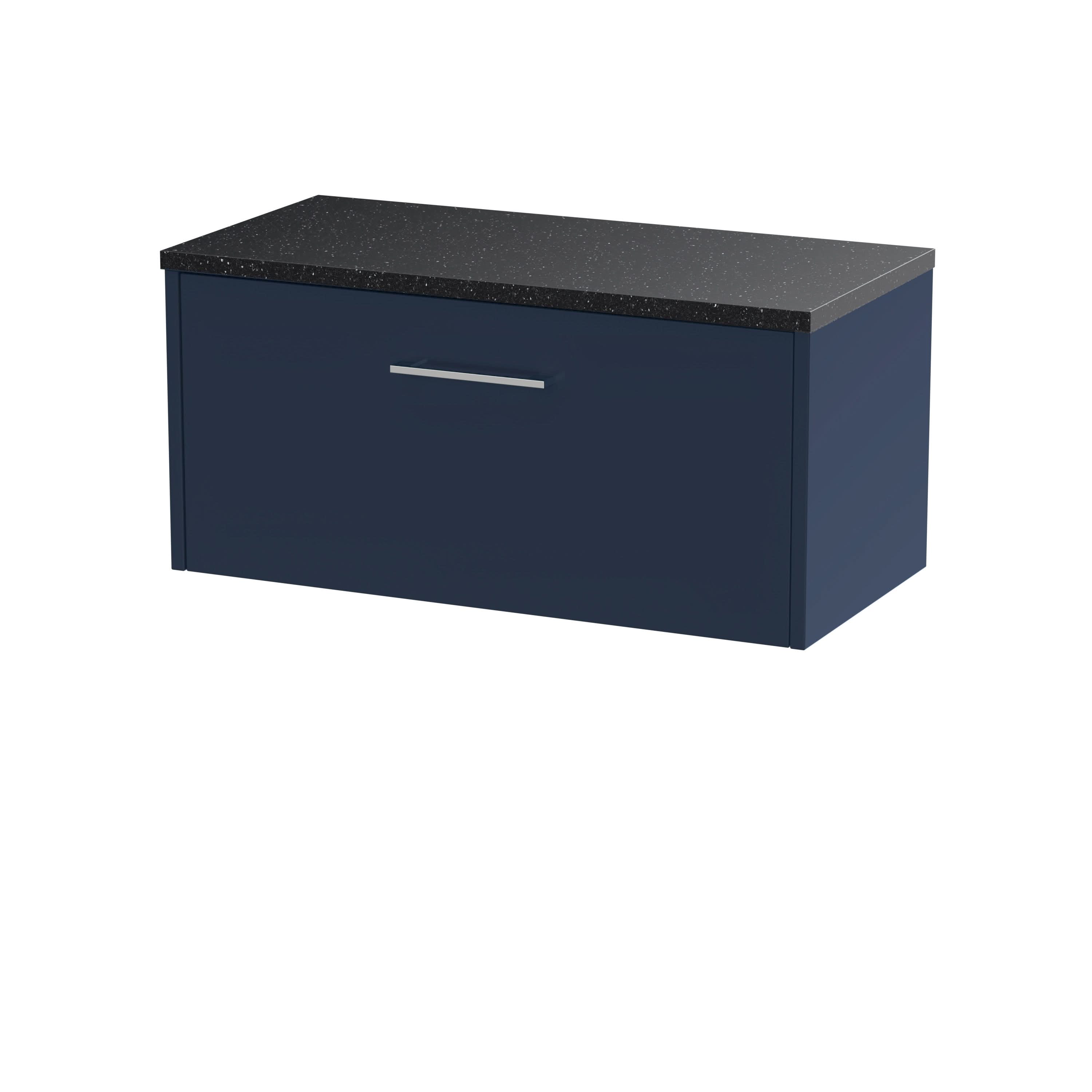 Hudson Reed Juno Wall Hung Countertop Vanity Unit with Black Laminate Worktop, Soft Close Drawer with D Shape Handle, Modern Luxury Vanity Unit in Midnight Blue, 800mm