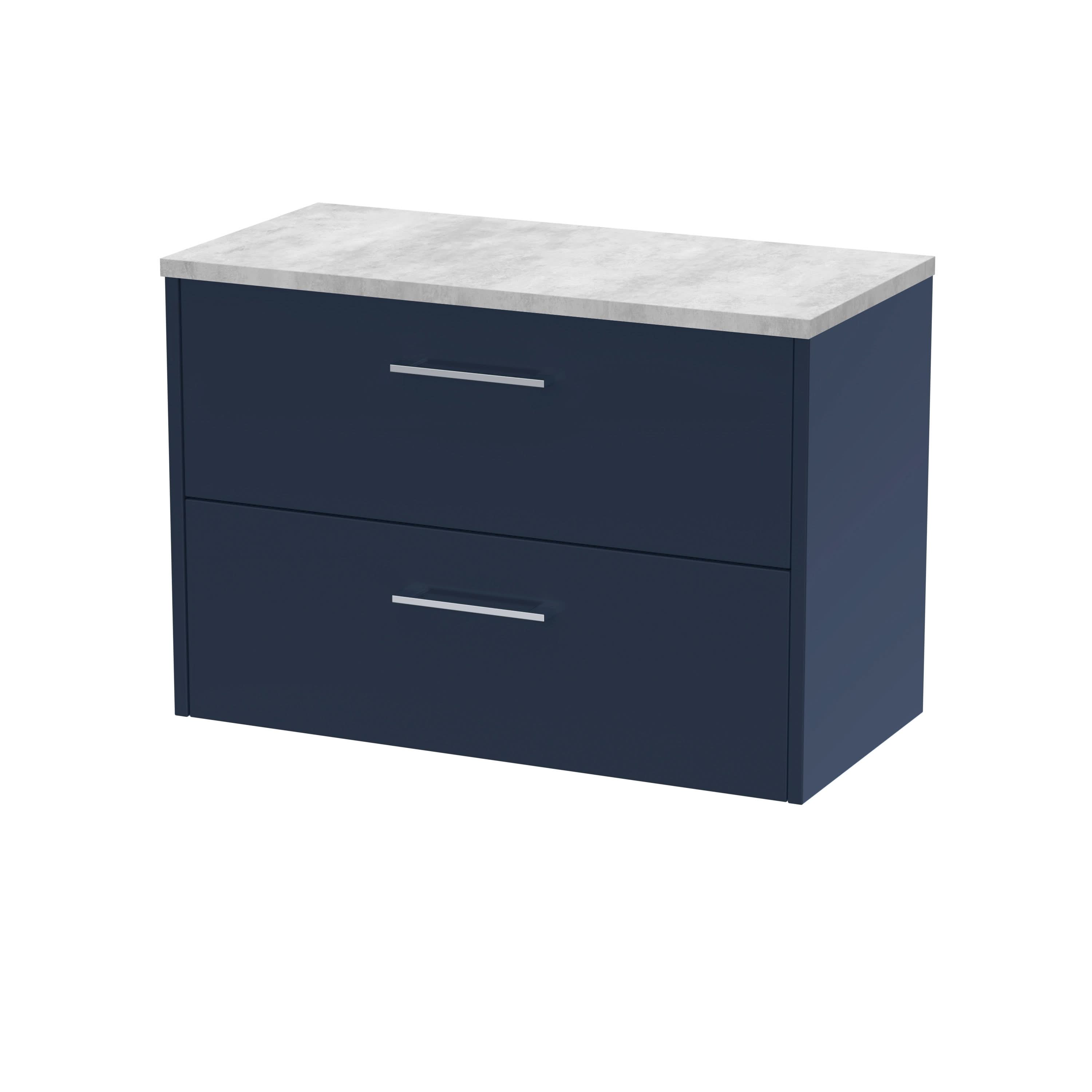 Hudson Reed Juno Wall Hung Countertop Vanity Unit with White Laminate Worktop, Soft Close Drawers in D Shape Handle for Luxury Bathroom Storage in Midnight Blue, 800mm