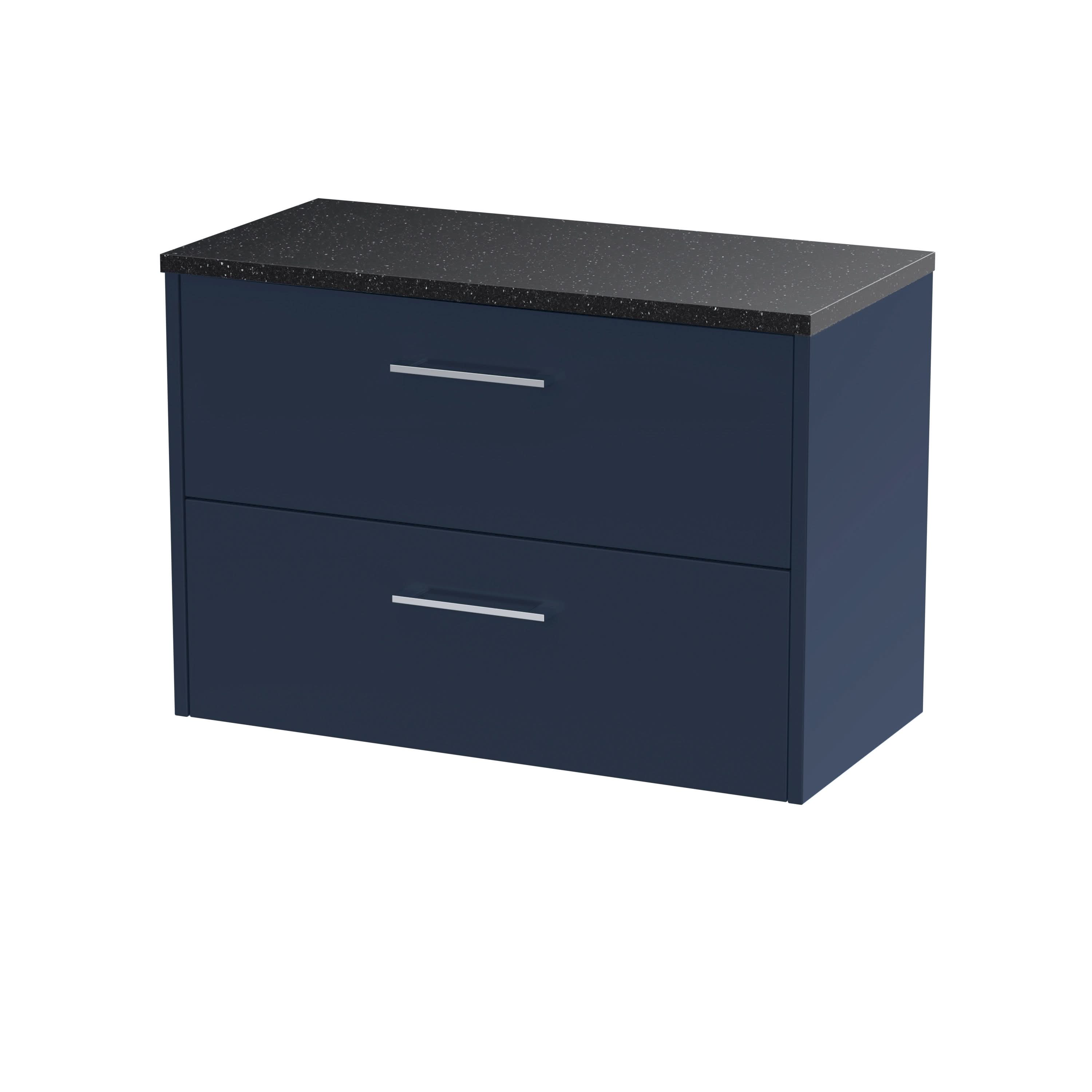 Hudson Reed Juno Wall Hung Countertop Unit with Black Laminate Worktop, Durable 2 Soft Close Drawers with D Shape Handle for Modern Bathroom in Midnight Blue, 800mm