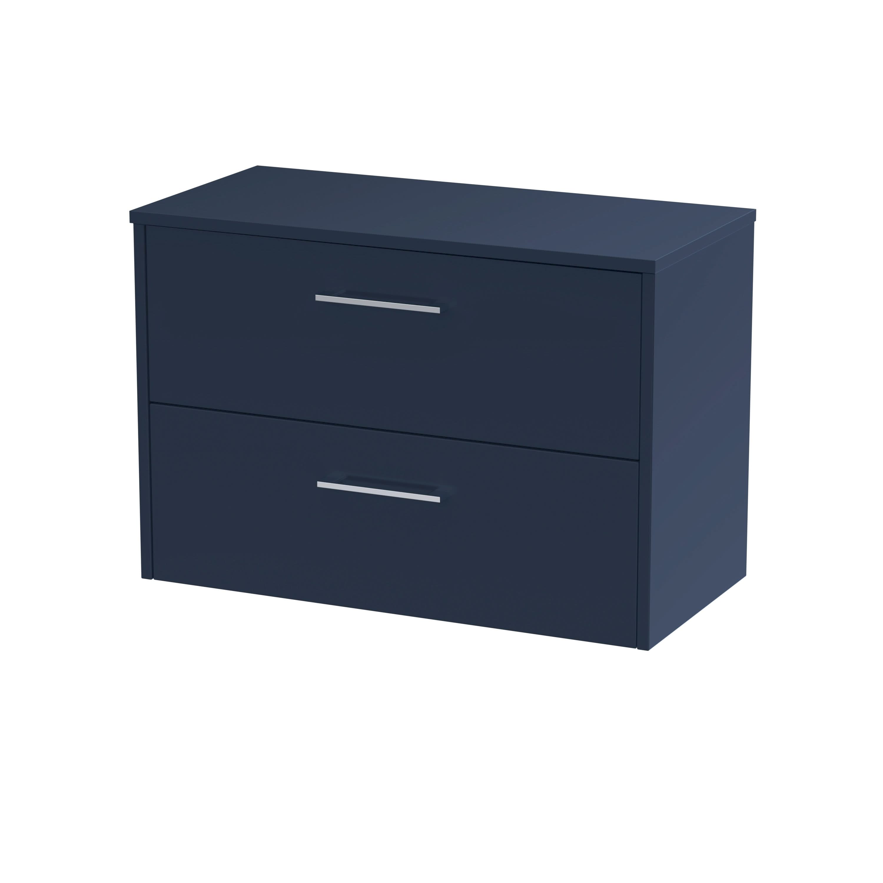 Hudson Reed Juno Wall Hung Countertop Unit with Worktop, Modern Vanity in Soft Close Drawers and D-Shape Handle, Luxury Vanity Units for Bathrooms in Midnight Blue, 800mm