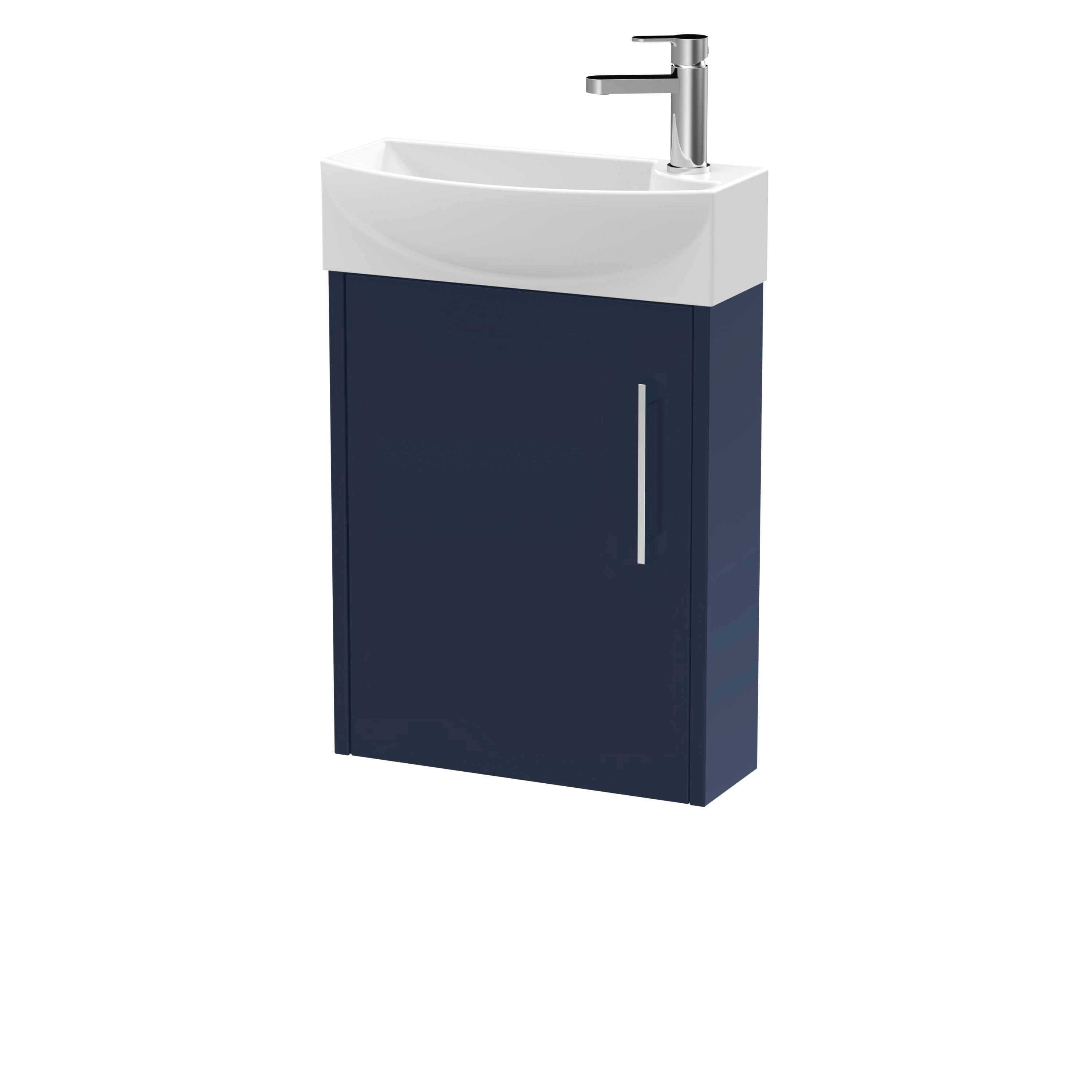 Hudson Reed Juno Compact Wall Hung Cloakroom Vanity Unit with Left Hand Basin, Soft Close Door Modern Bathroom Sink Unit with Storage Shelf in Midnight Blue, 440mm