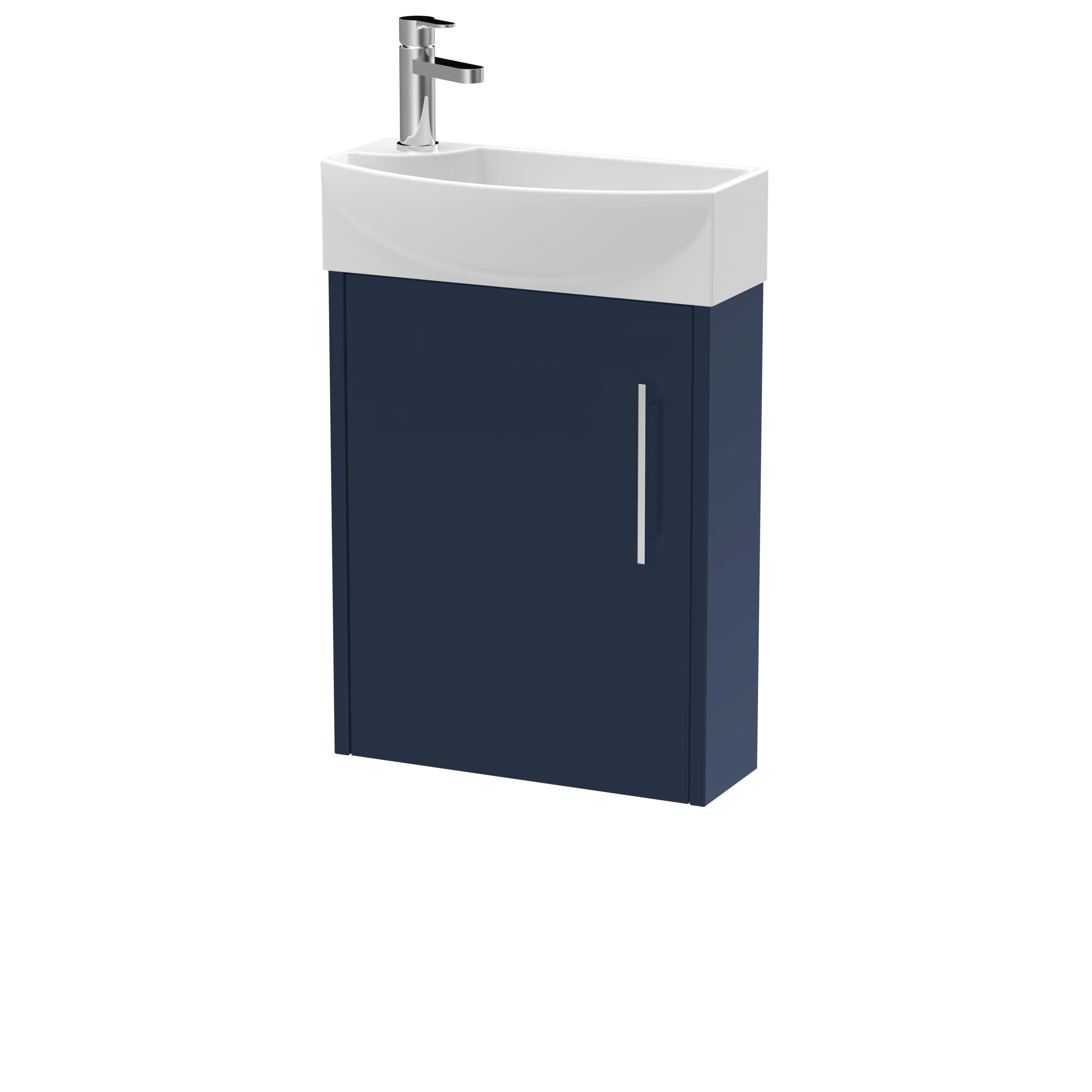 Hudson Reed Juno Compact Wall Hung Cloakroom Vanity Unit with Right Hand Basin, Soft Close Door Modern Bathroom Sink Unit with Storage Shelf in Midnight Blue, 440mm