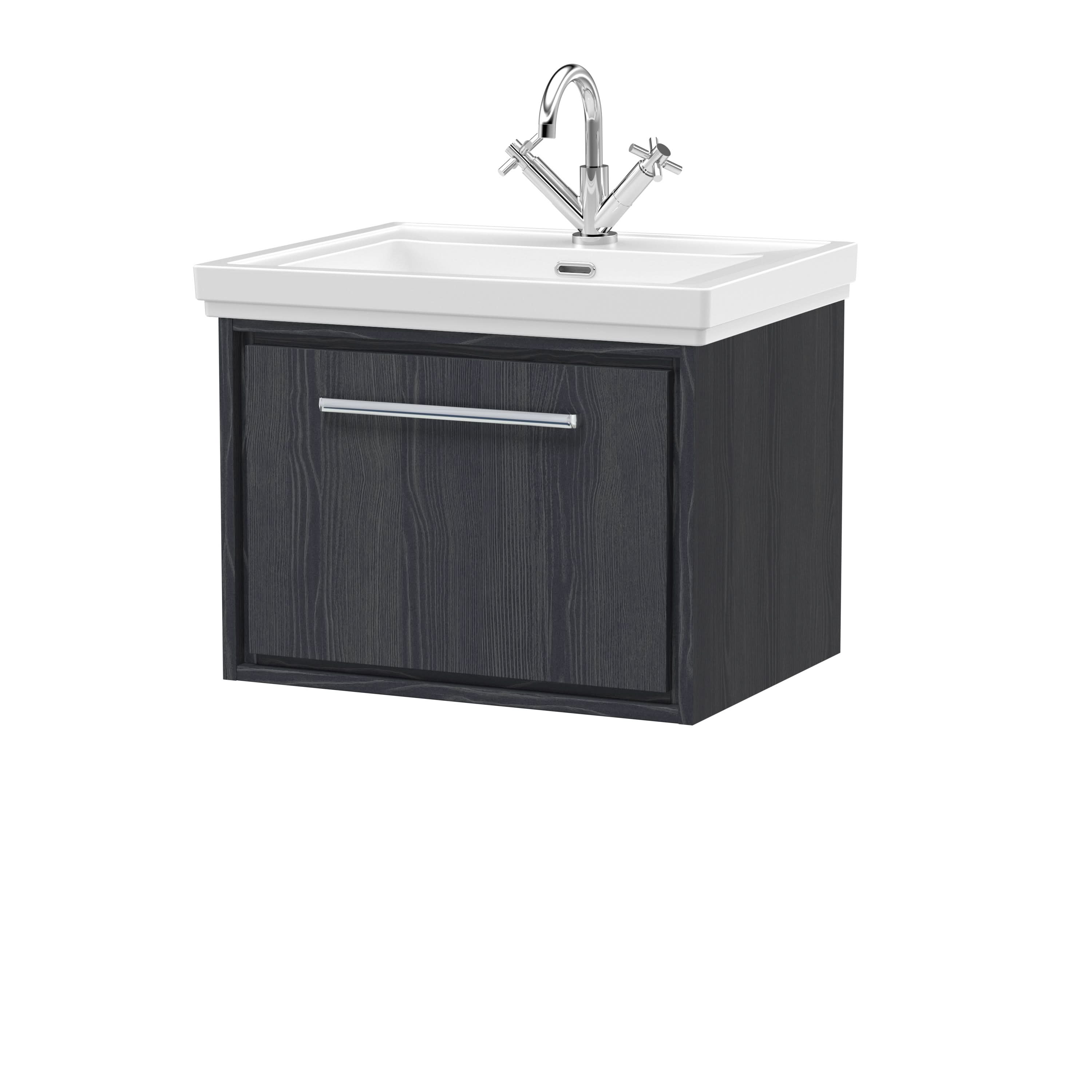 Hudson Reed Lille Wall Hung Vanity Unit with Basin 1 Tap Hole, Single Soft Drawer with D Shape Handle in Woodgrain Vanity Unit for Modern Bathroom in Graphite Grey, 600mm