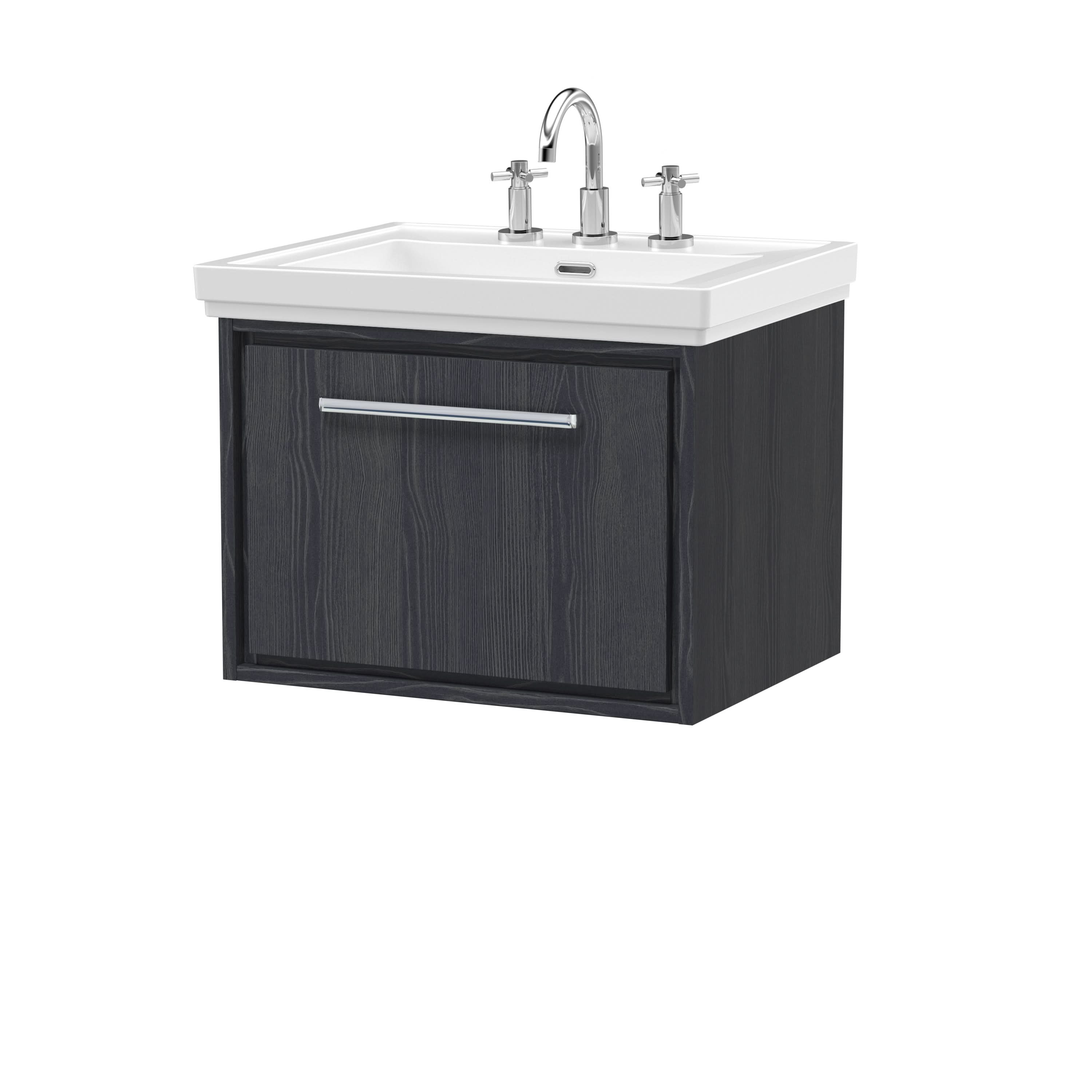 Hudson Reed Lille Wall Hung Vanity Unit with 3 Tap Hole Basin, Modern Vanity Unit in Woodgrain Finish with Soft Close Drawer for Bathroom Storage in Graphite Grey, 600mm