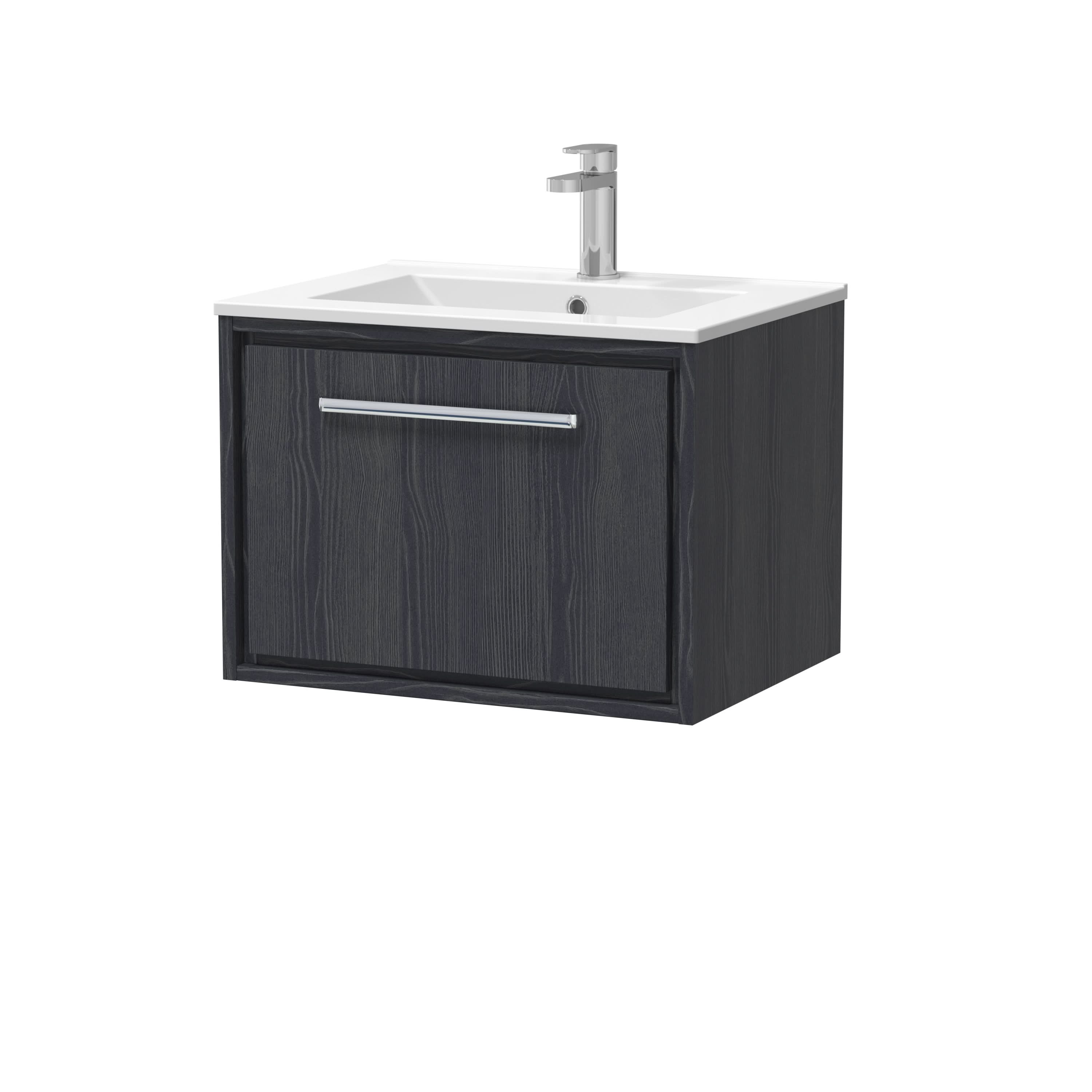 Hudson Reed Lille Wall Hung Vanity Unit with 1Tap Hole Basin, Soft Close Drawer Modern Sink Vanity Unit in Woodgrain Finish for Bathrooms in Graphite Grey, 600mm