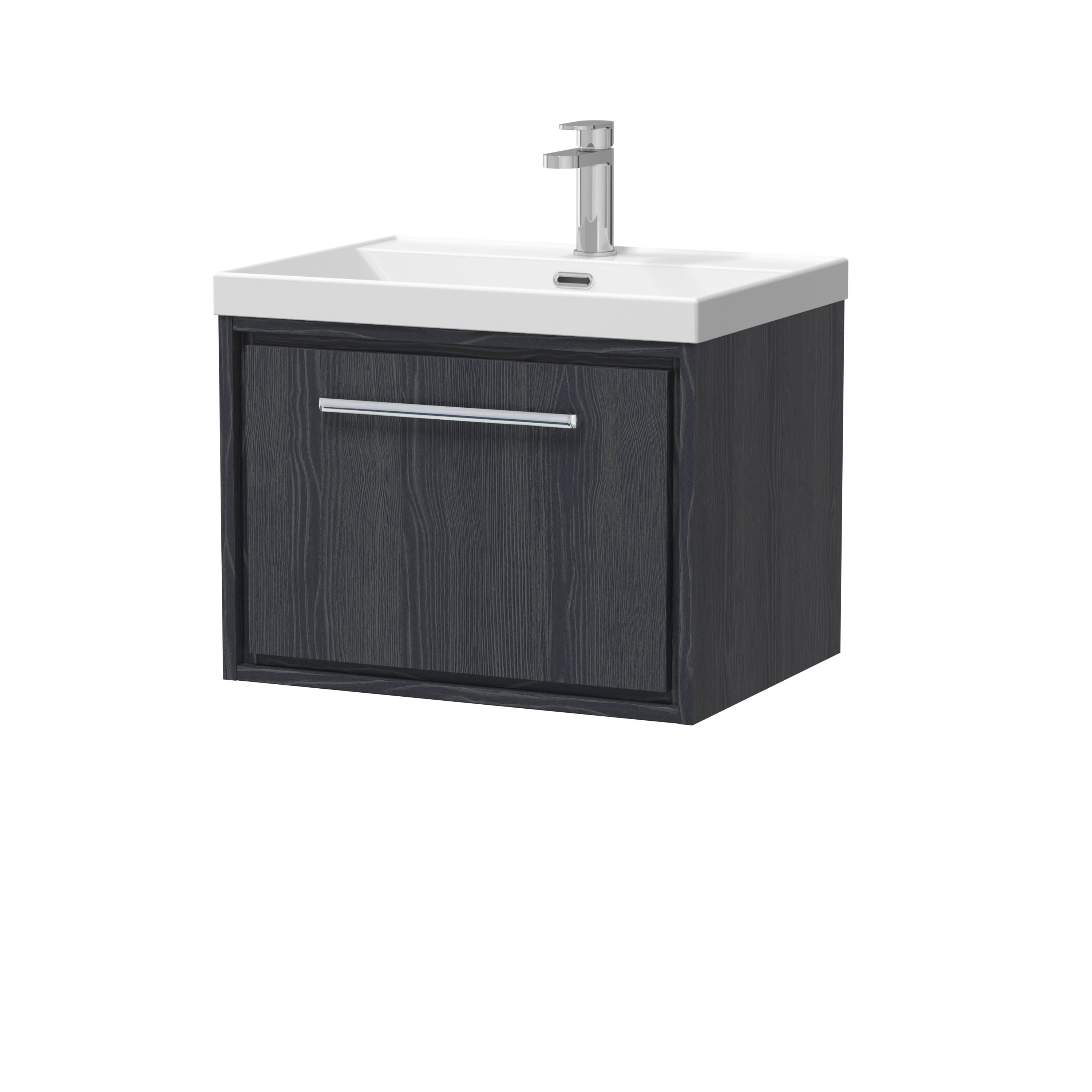 Hudson Reed Lille Wall Hung Vanity Unit with 1TH Basin, Soft Close Drawer Contemporary Sink Vanity Unit for Modern Bathroom Interiors in Graphite Grey Woodgrain, 600mm