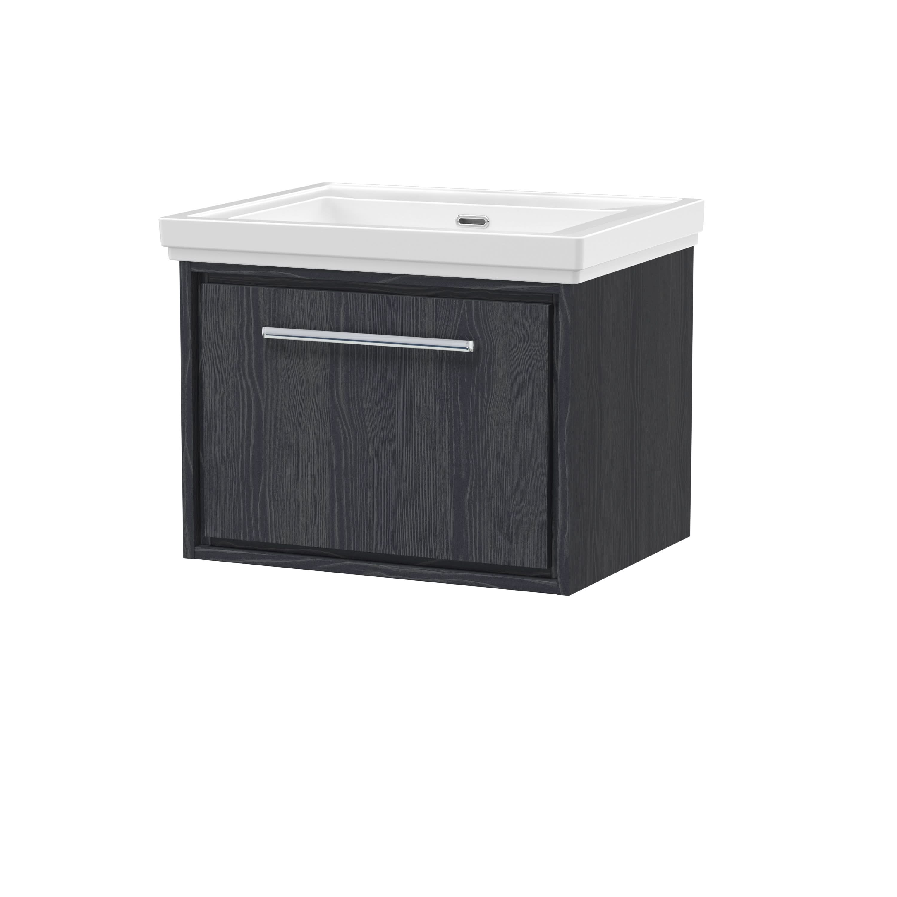 Hudson Reed Lille Wall Hung Vanity Unit with Fireclay Basin, Modern Wall Hung Vanity Unit for Bathrooms with Soft Close Drawer in Graphite Grey Woodgrain, 600mm