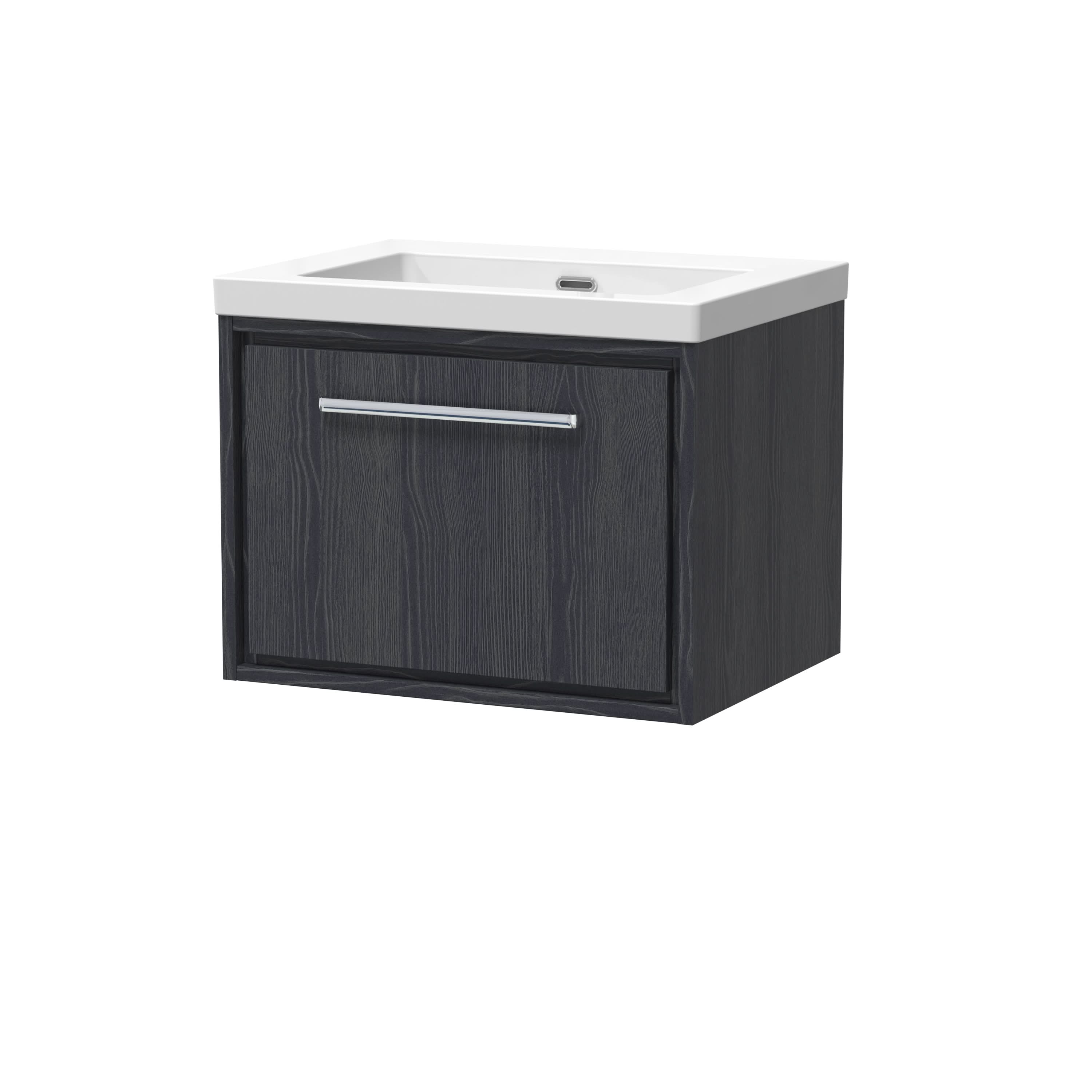 Hudson Reed Lille Wall Hung Vanity Unit with Fireclay Basin, Soft Close Drawer, Modern Wall Hung Vanity Unit in Bathroom in Graphite Grey Woodgrain, 600mm