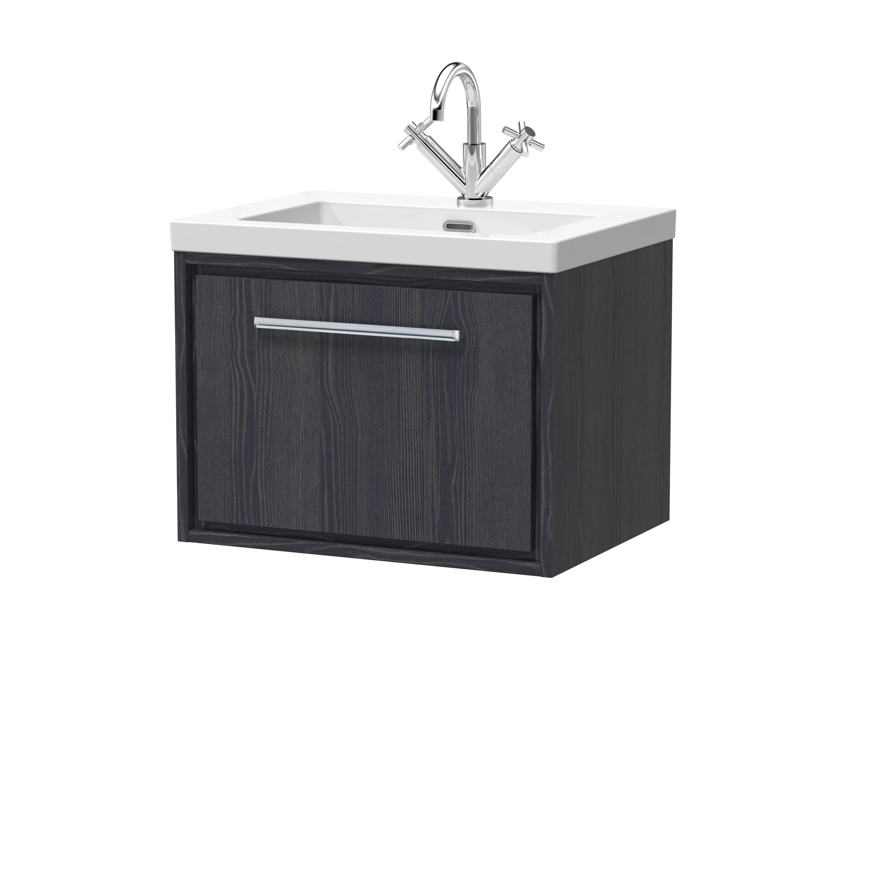 Hudson Reed Lille Wall Hung Vanity Unit with Basin 3 Tap Hole, Vanity Unit, Modern Bathroom Vanity Unit with Drawer Storage in Graphite Grey Woodgrain, 600mm