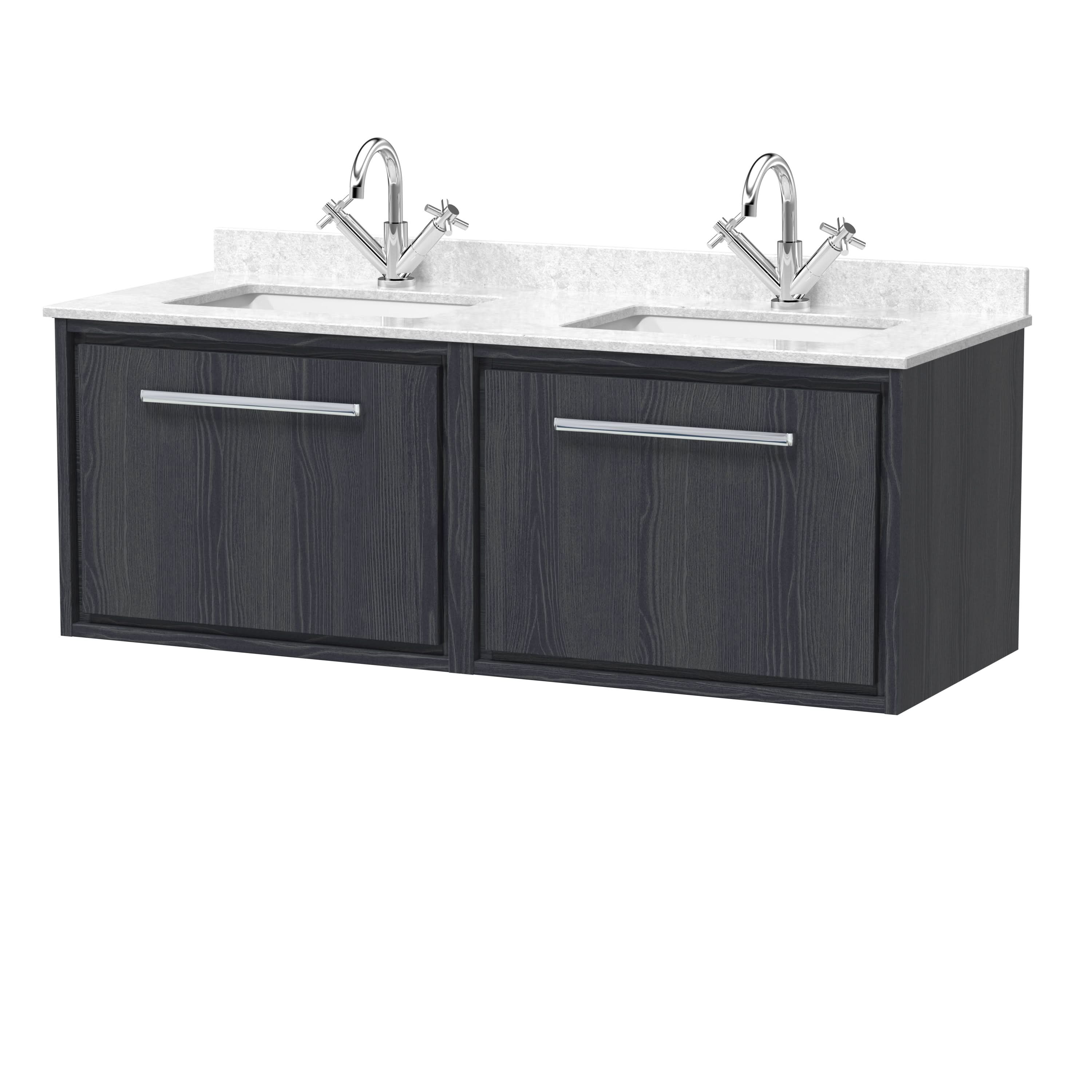 Hudson Reed Lille Wall Hung Vanity Unit, Double Marble Basin Top, Soft Close Drawers, Luxury and Durable Bathroom Vanity Units in Graphite Grey Woodgrain, 1200mm