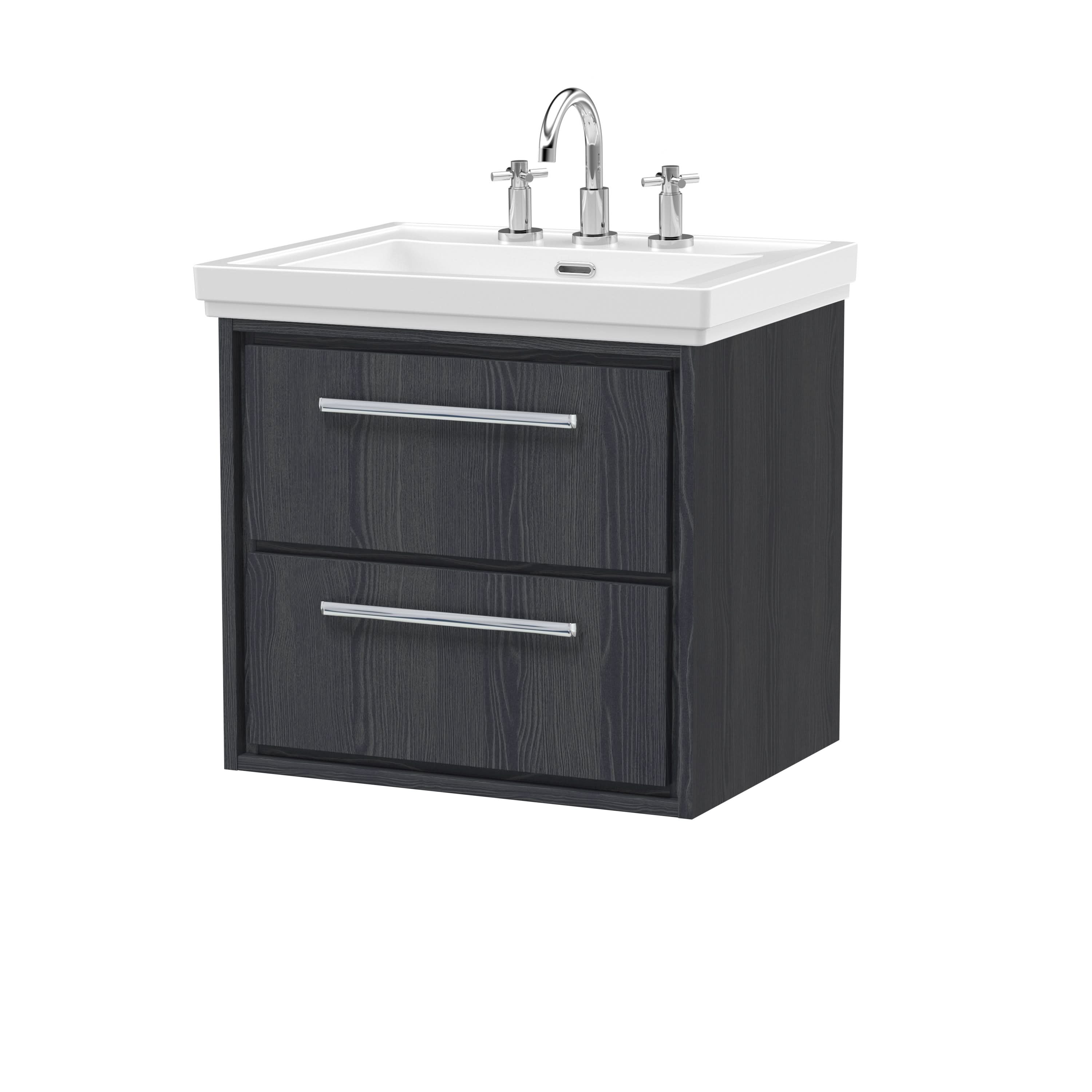 Hudson Reed Lille Wall Hung Vanity Unit with 2 Drawers & 3 Tap Hole Basin, Durable Bathroom Furniture, Compact Sink Vanity Unit for Modern Bathrooms, 600mm