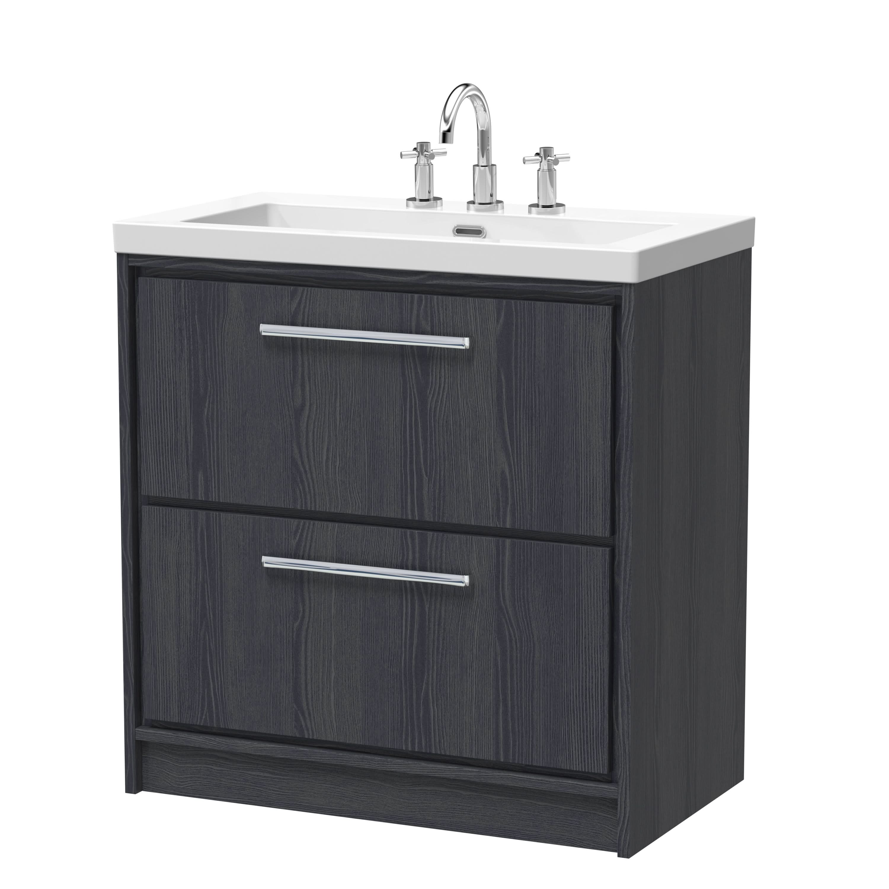 Hudson Reed Lille Floor Standing Vanity Unit with 3TH Basin, Durable Bathroom Furniture, 2-Drawer Bathroom Vanity Unit with Sink for Stylish Storage Solutions, 800mm