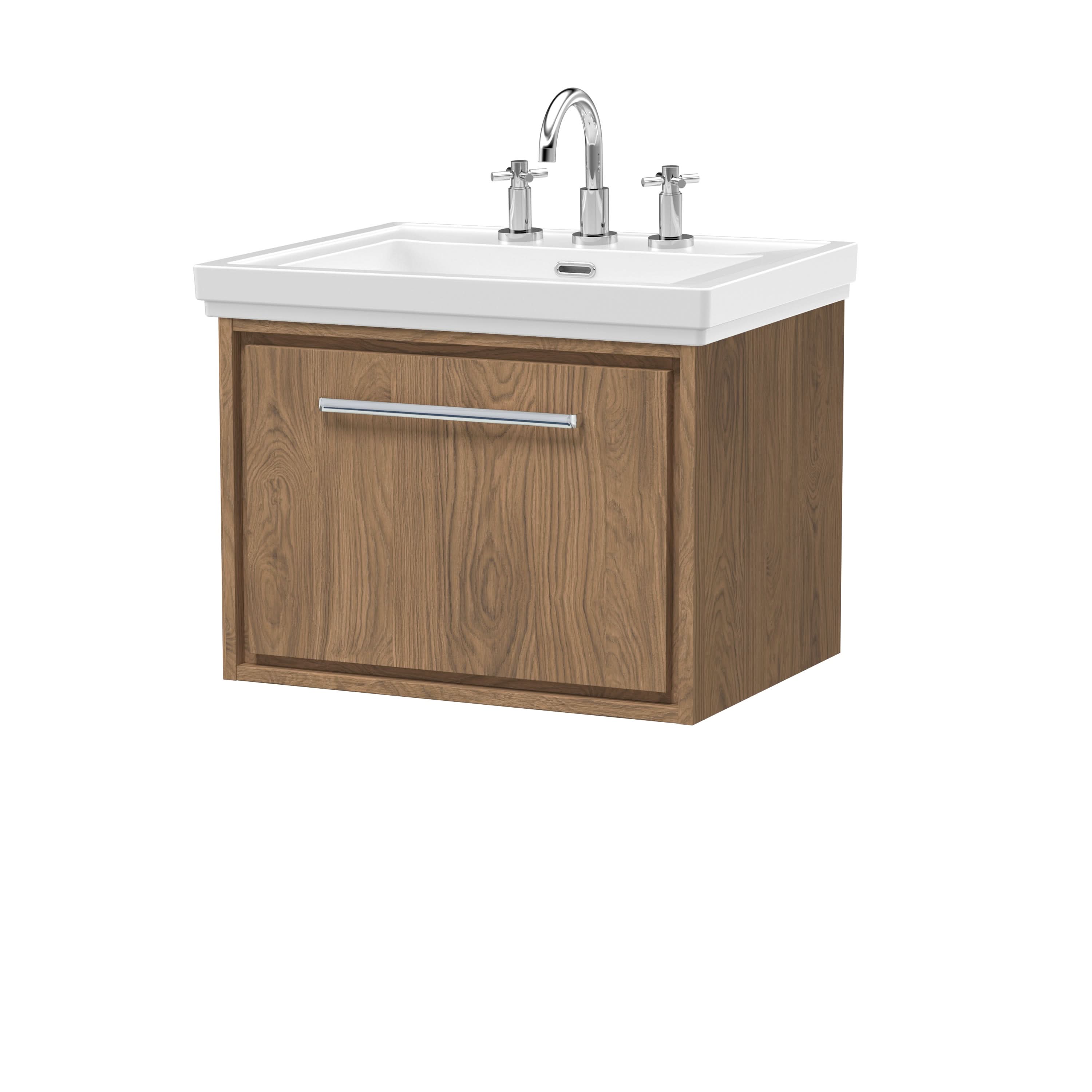 Hudson Reed Lille Wall Hung Vanity Unit with 3 Tap Hole Basin, Durable Bathroom Furniture, Compact Sink Vanity Unit for Modern Bathroom Storage, 600mm
