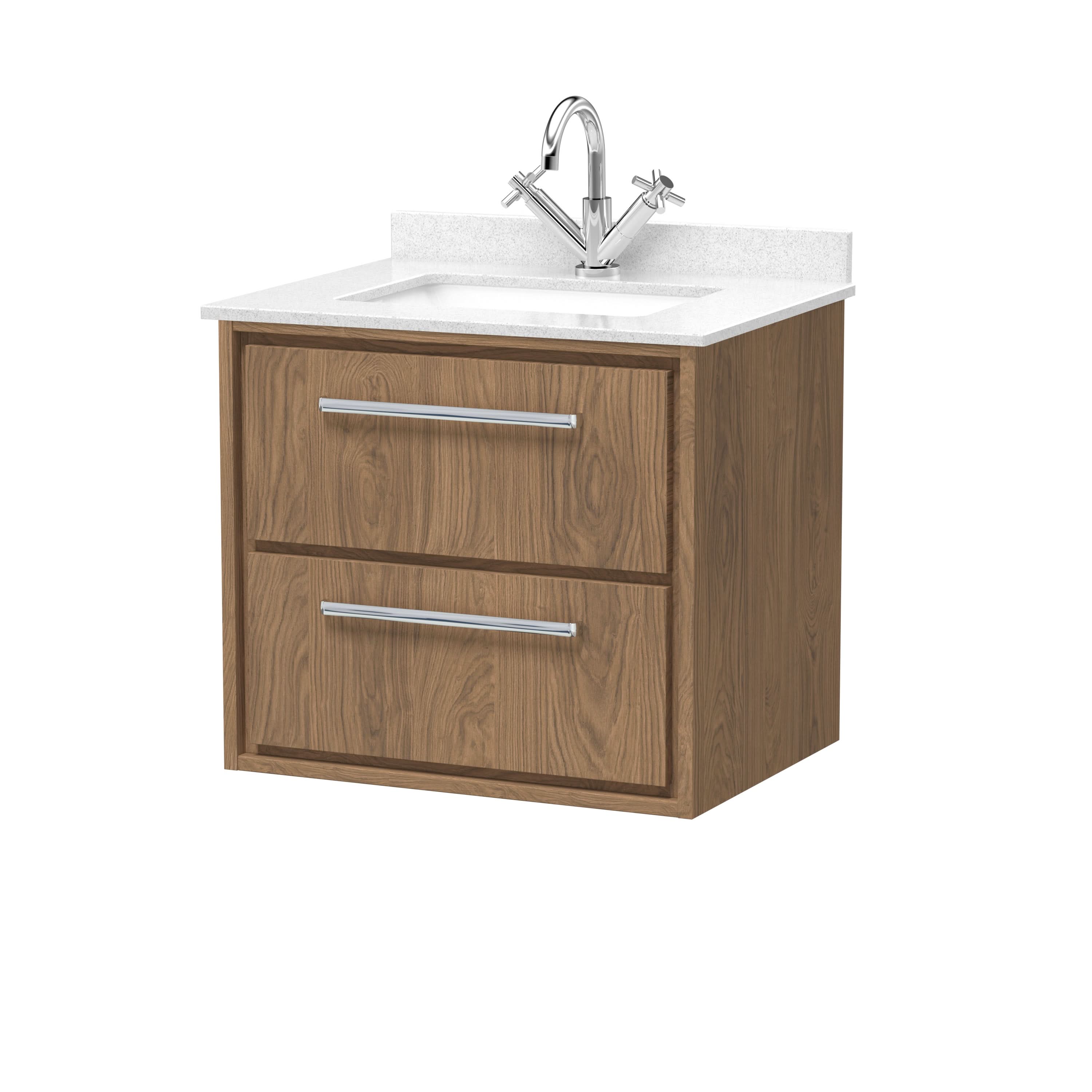 Hudson Reed Lille Wall Hung Vanity Unit with Basin, 2 Drawer Bathroom Vanity Unit with Marble Worktop, Modern Sink Vanity Unit in Bathroom, 600mm
