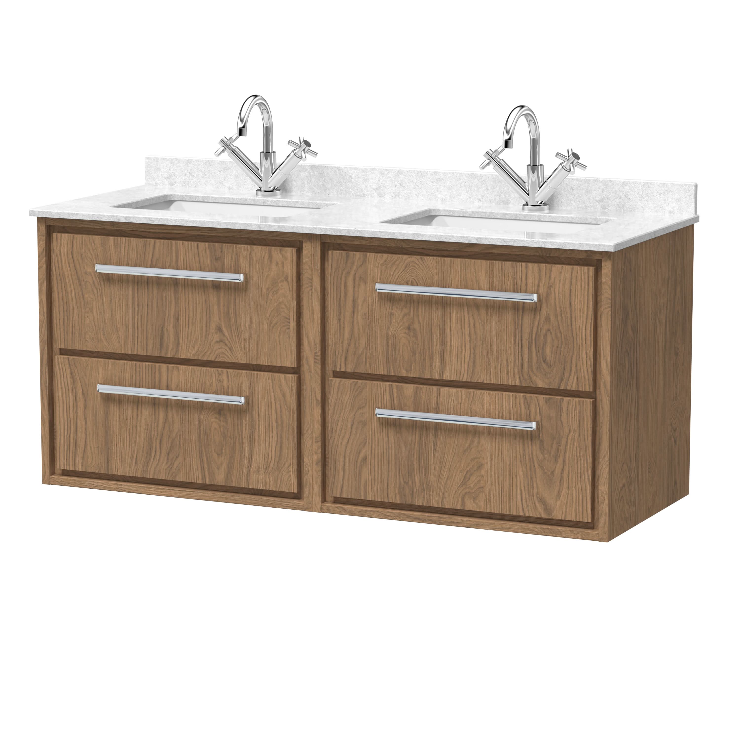 Hudson Reed Lille Wall Hung Vanity Unit with Basin, 4-Drawer Bathroom Vanity with Marble Worktop, Modern Sink Vanity Unit in White, 1200mm