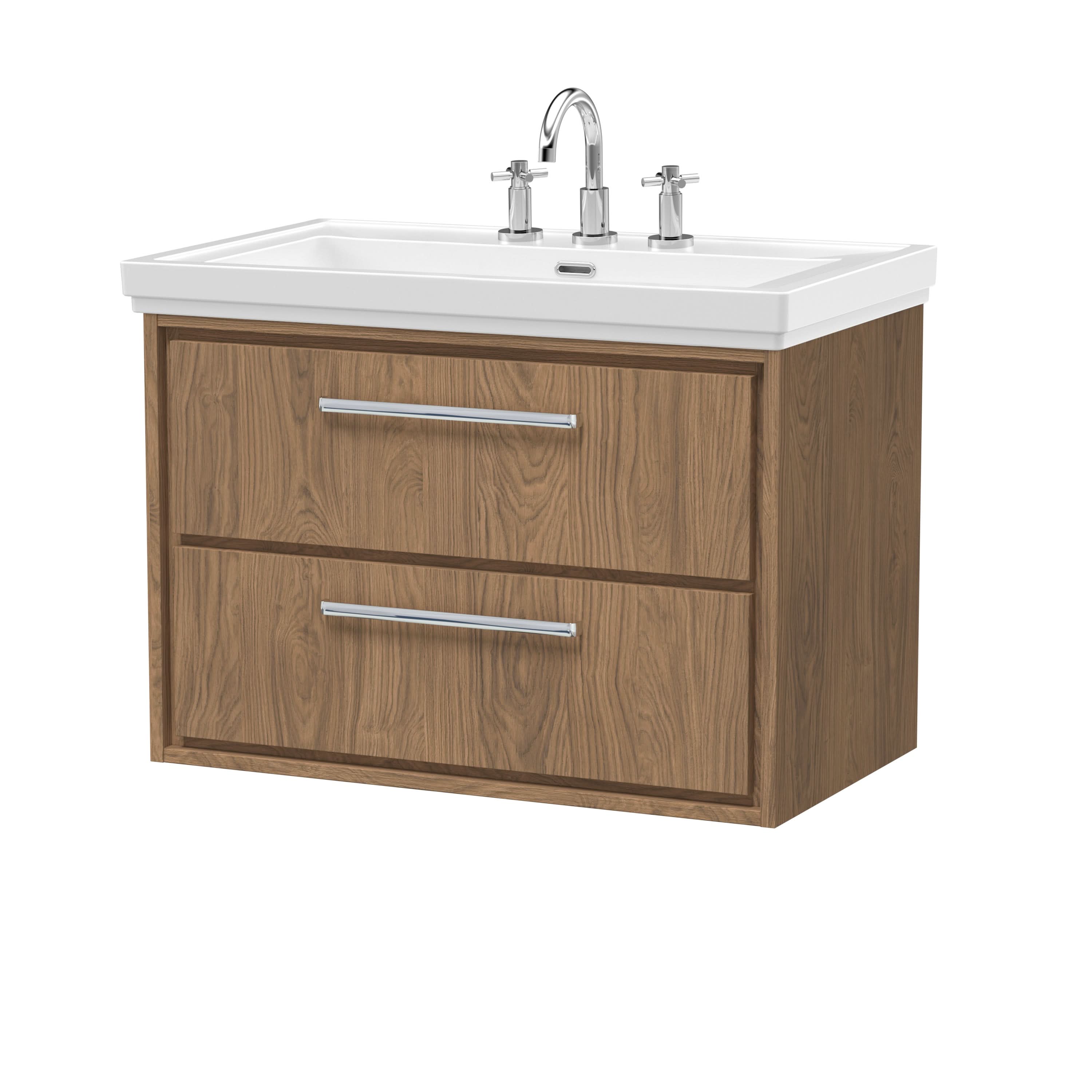 Hudson Reed Lille Wall Hung Vanity Unit with 2 Drawers and 3TH Basin, Modern Bathroom Vanity Unit with Basin, Ideal Sink Vanity Unit in Bathroom, 800mm