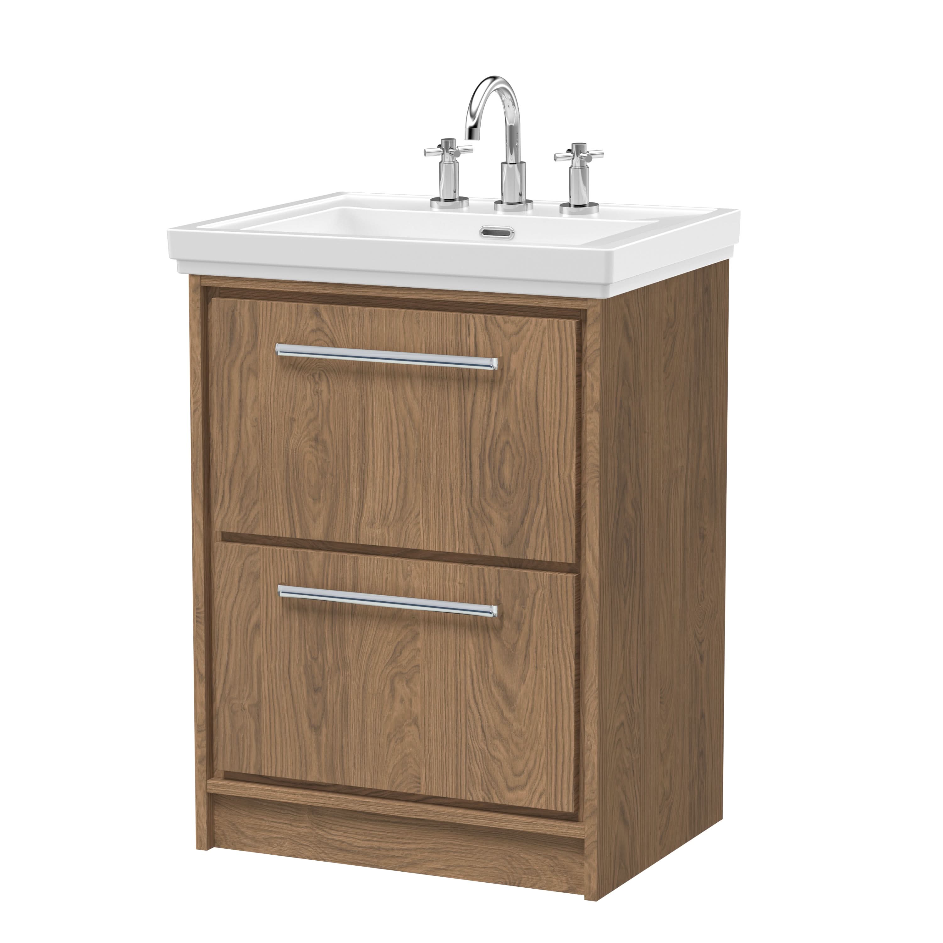 Hudson Reed Lille Floor Standing Vanity Unit with Basin, Durable Batroom Furniture, 2 Drawer Bathroom Sink Cabinet, 3 Tap Hole, Modern Vanity Unit in White Finish, 600mm