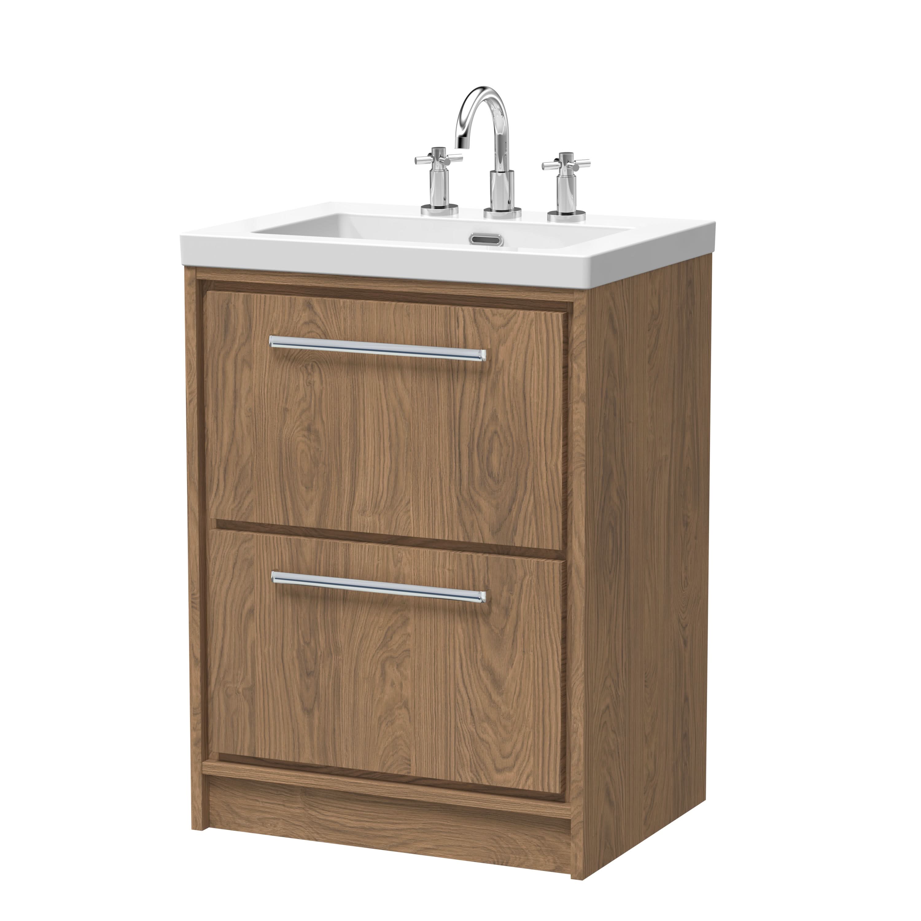 Hudson Reed Lille Floor Standing Vanity Unit with 3 Tap Hole Basin, Sink Vanity Unit with Drawers, Textured Woodgrain Bathroom Cabinet in Antique Oak, 600mm