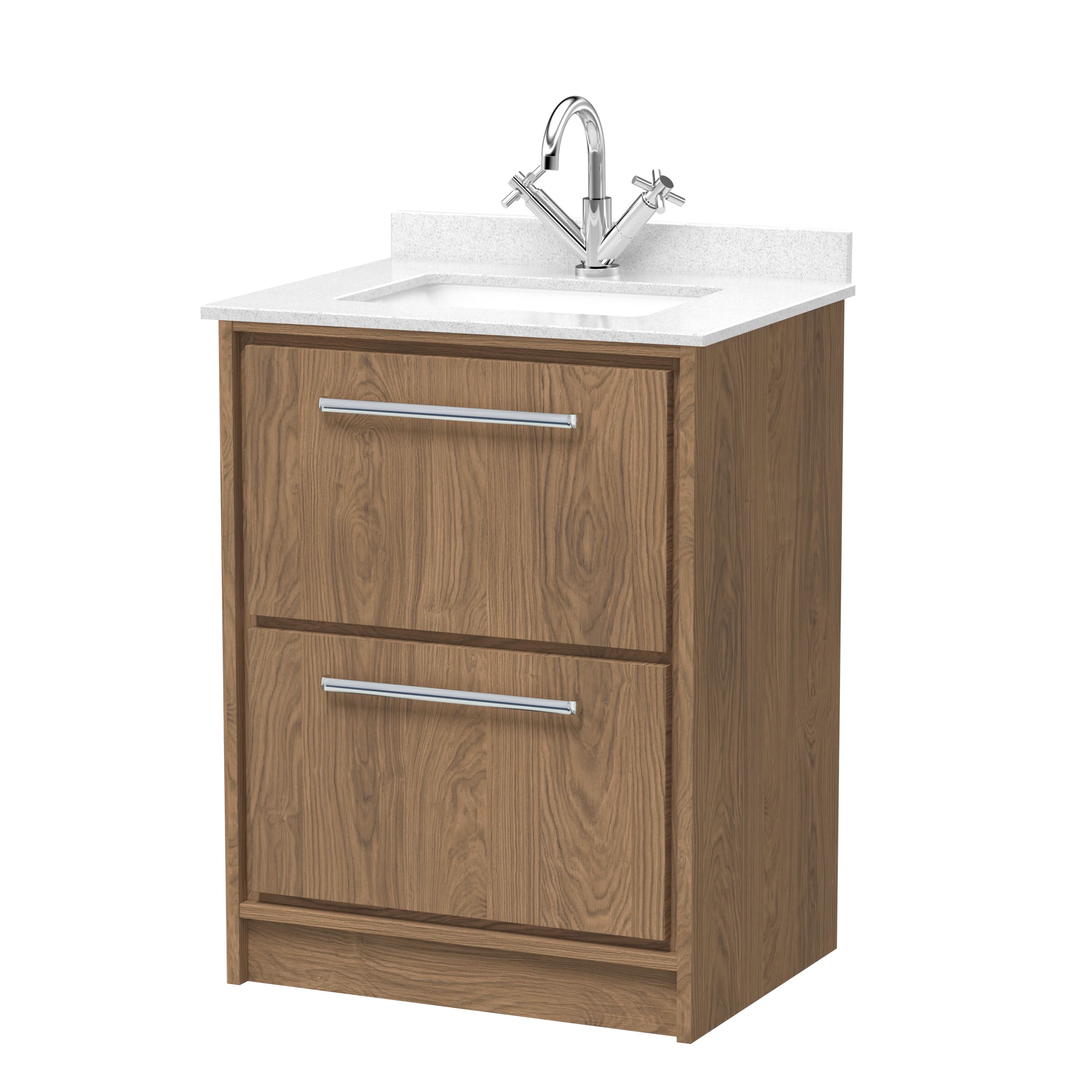Hudson Reed Lille Floor Standing Vanity Unit with Marble Underslung Basin, Sink Cabinet, 1 Tap Hole Bathroom Vanity Unit with Drawers in Antique Oak, 620mm