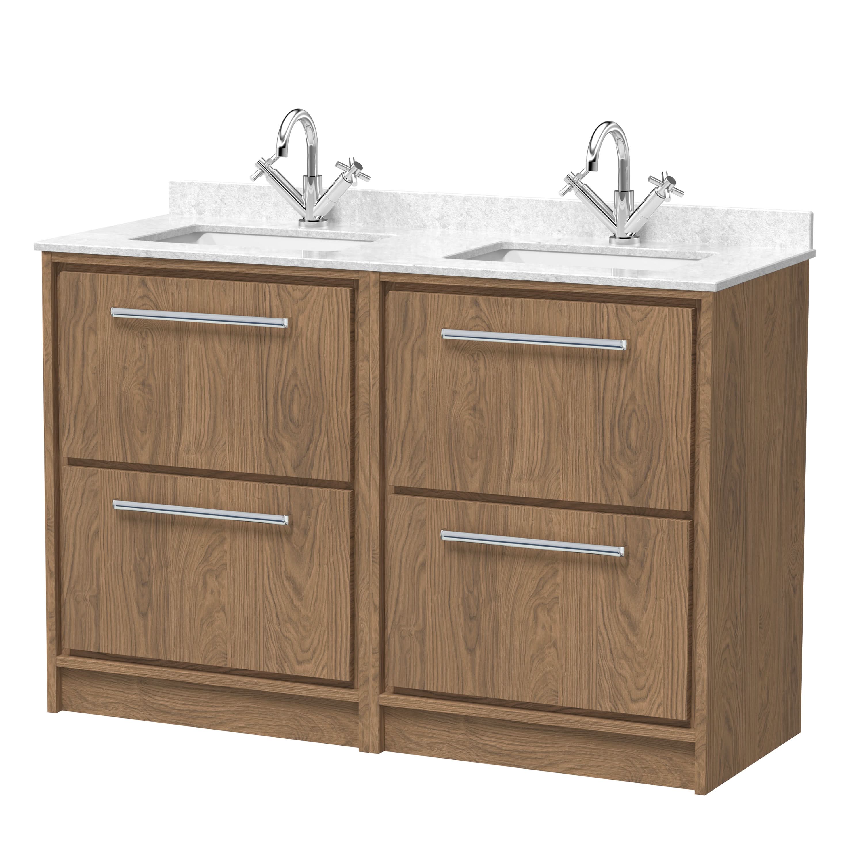 Hudson Reed Lille Floor Standing Vanity Unit with Double Marble Underslung Basins, Sink Vanity Unit with Drawers, Luxury Bathroom Cabinet in Antique Oak, 1220mm