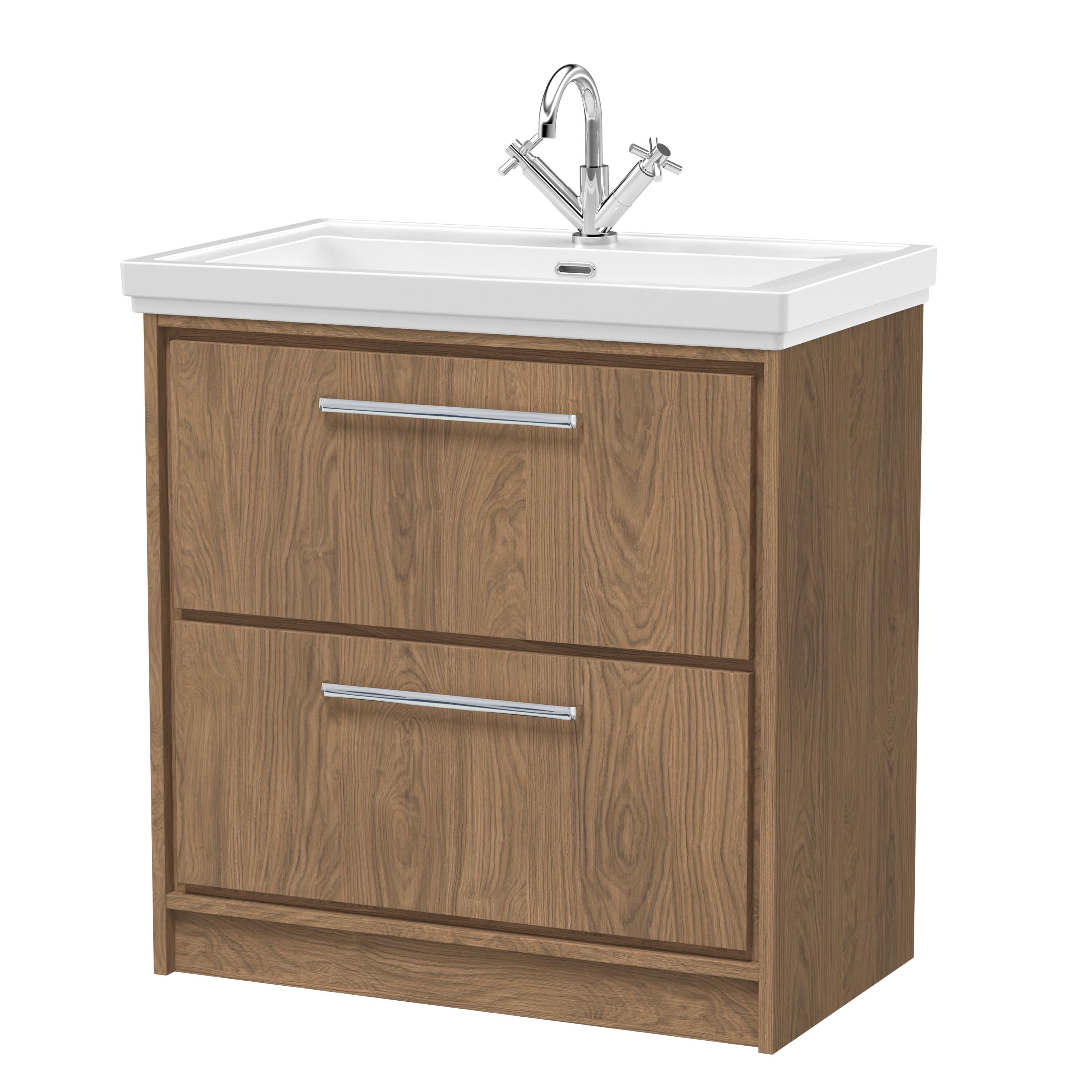 Hudson Reed Lille Floor Standing Vanity Unit with Fireclay Basin, Sink Vanity Unit with Drawers, Modern Bathroom Vanity Unit with 1 Tap Hole in Antique Oak, 830mm