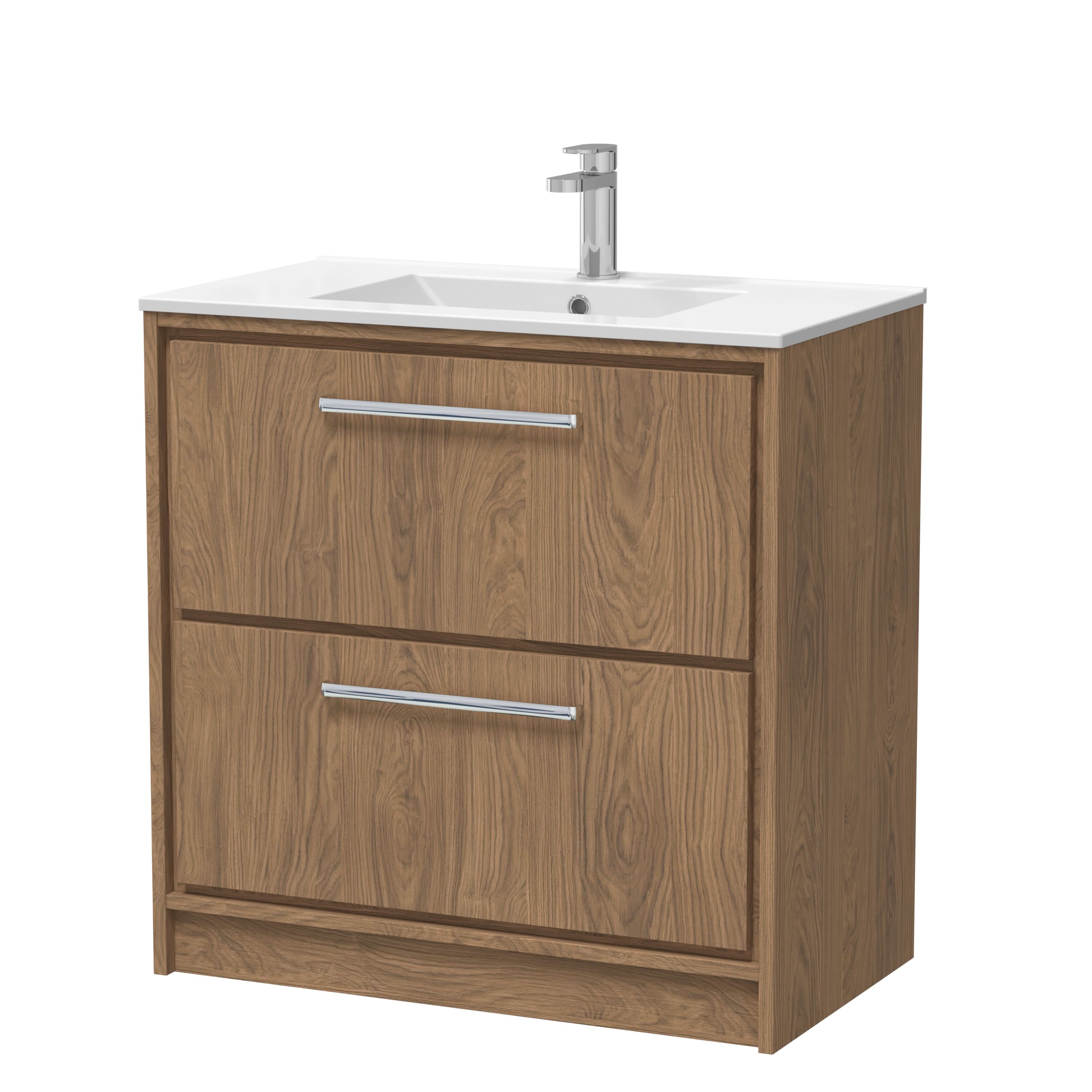 Hudson Reed Lille Floor Standing Vanity Unit with Vitreous China Basin, Vanity Unit with Basin, Soft Close Drawers, Sink Vanity Unit for Bathroom in Antique Oak, 805mm