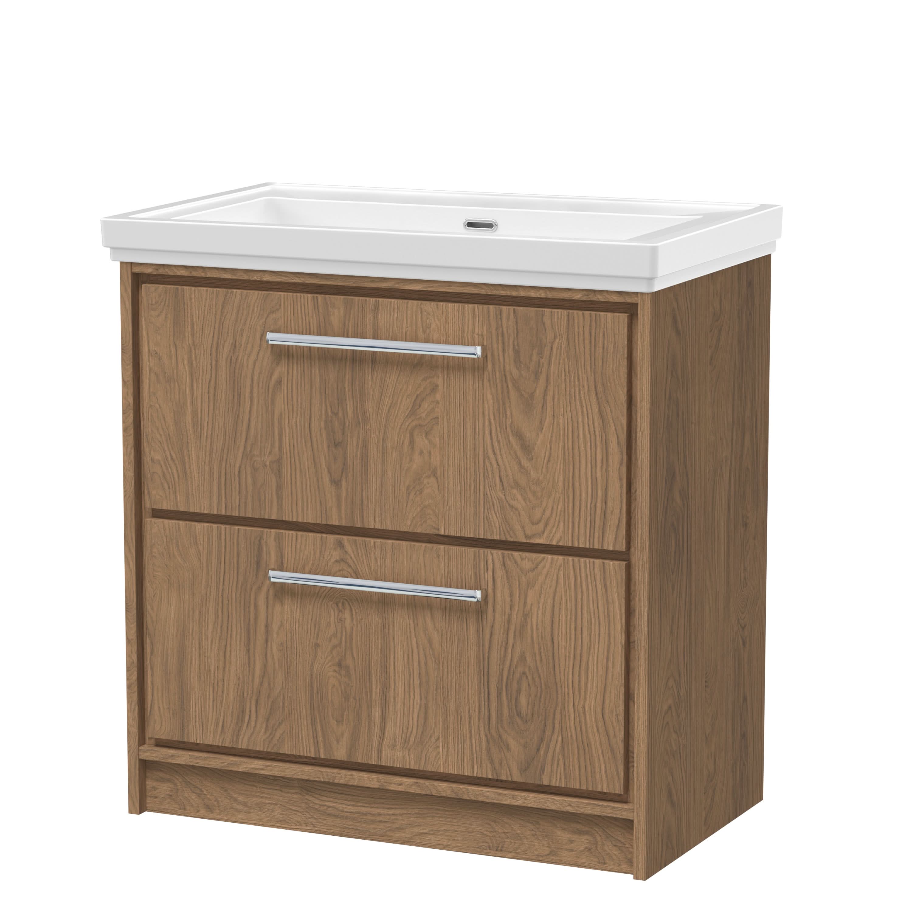 Hudson Reed Lill Floor Standing Vanity Unit with Fireclay Basin, Sink Vanity Unit for Wall Mounted Taps, Luxury Bathroom Vanity Unit with Drawers in Antique Oak, 830mm