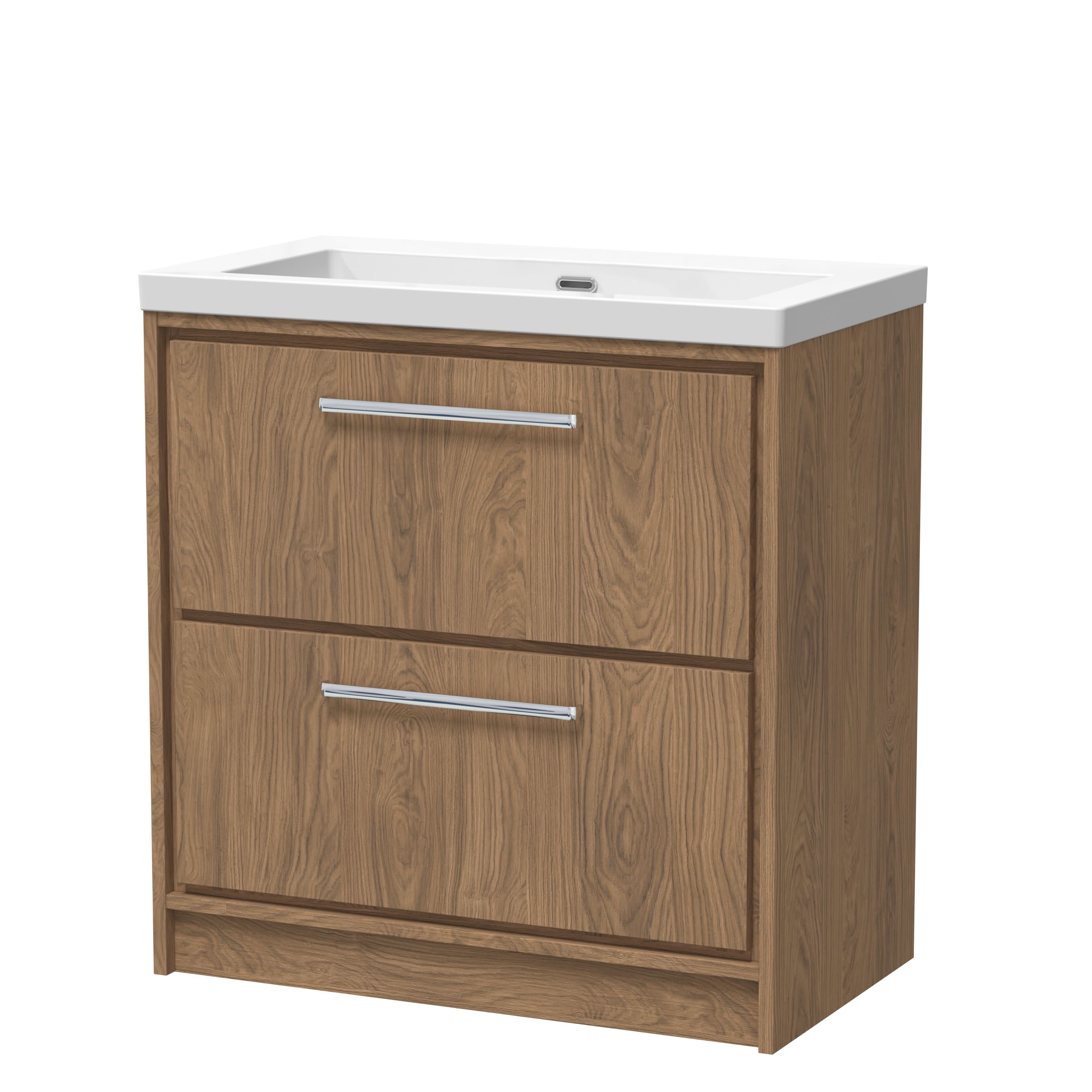 Hudson Reed Lille Floor Standing Vanity Unit with Fireclay Basin, Sink Vanity Unit with Drawers, Luxury Bathroom Vanity Unit for Wall Mounted Taps in Antique Oak, 813mm
