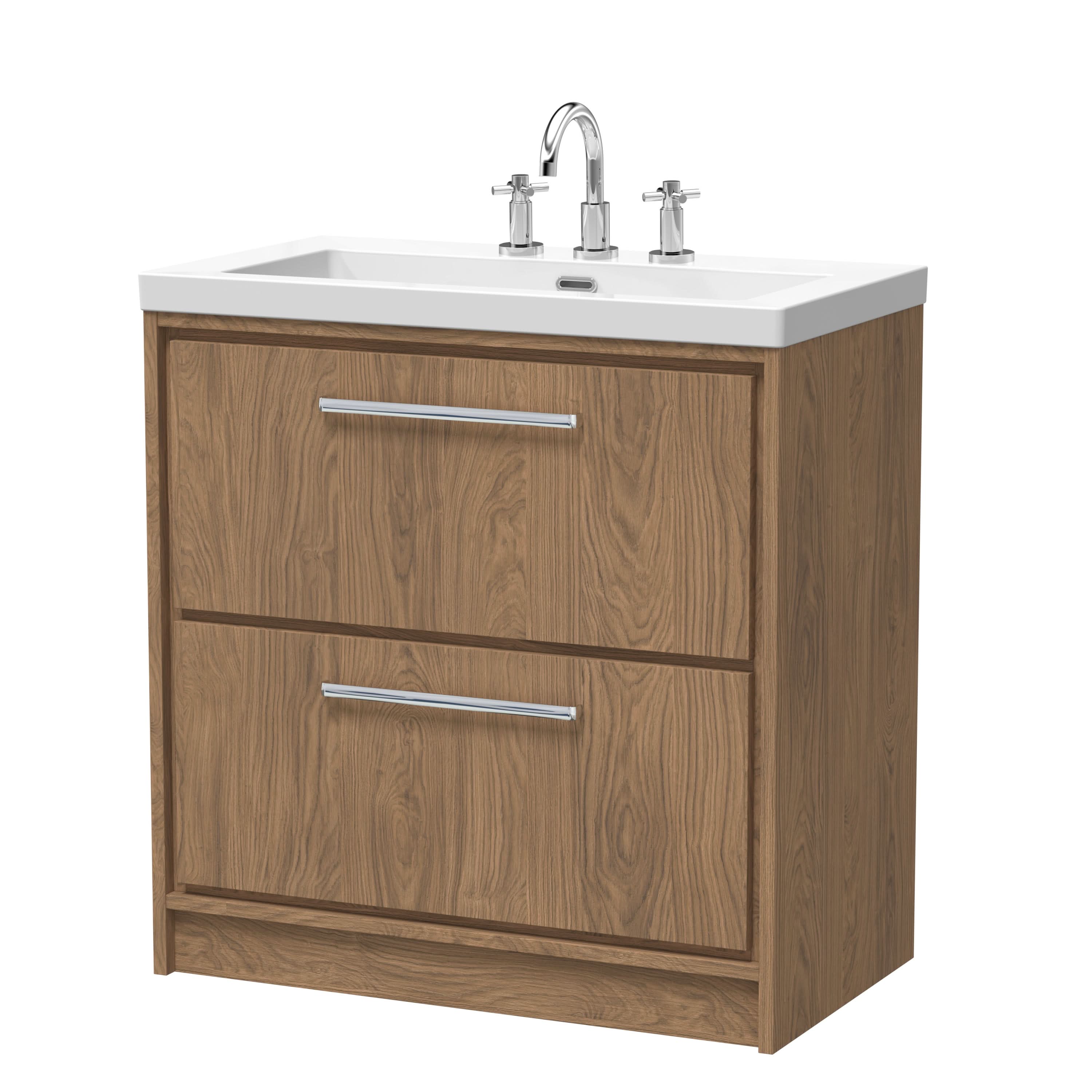 Hudson Reed Lille Floor Standing Vanity Unit with 3TH Fireclay Basin, Sink Vanity Unit with Drawers, Traditional Bathroom Vanity Unit in Antique Oak, 813mm