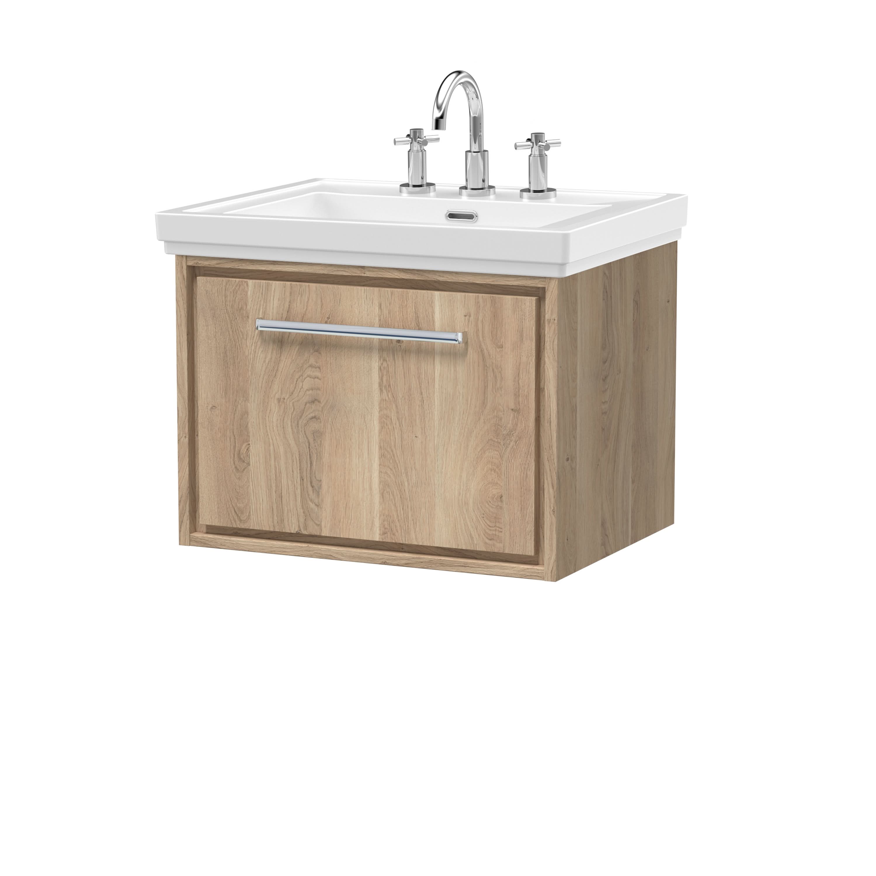 Hudson Reed Lille Wall Hung Vanity Unit with 3 Tap Hole Basin, Durable Bathroom Furniture, Modern Sink Vanity Unit for Bathrooms in Bleached Oak, 630mm