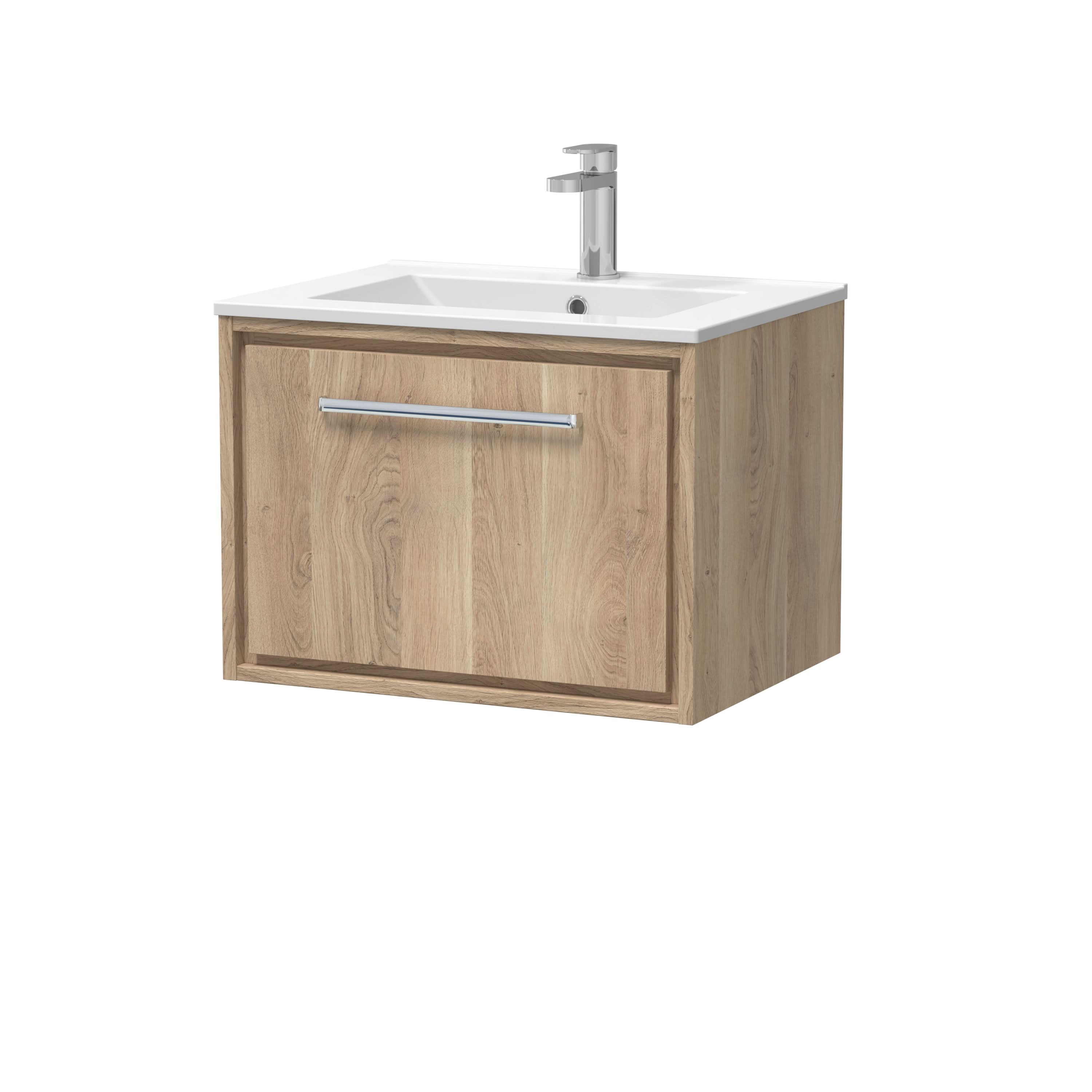 Hudson Reed Lille Wall Hung Vanity Unit with Basin, Durable Bathroom Furniture, Modern Bathroom Vanity Unit with Soft Close Drawers in Bleached Oak, 605mm